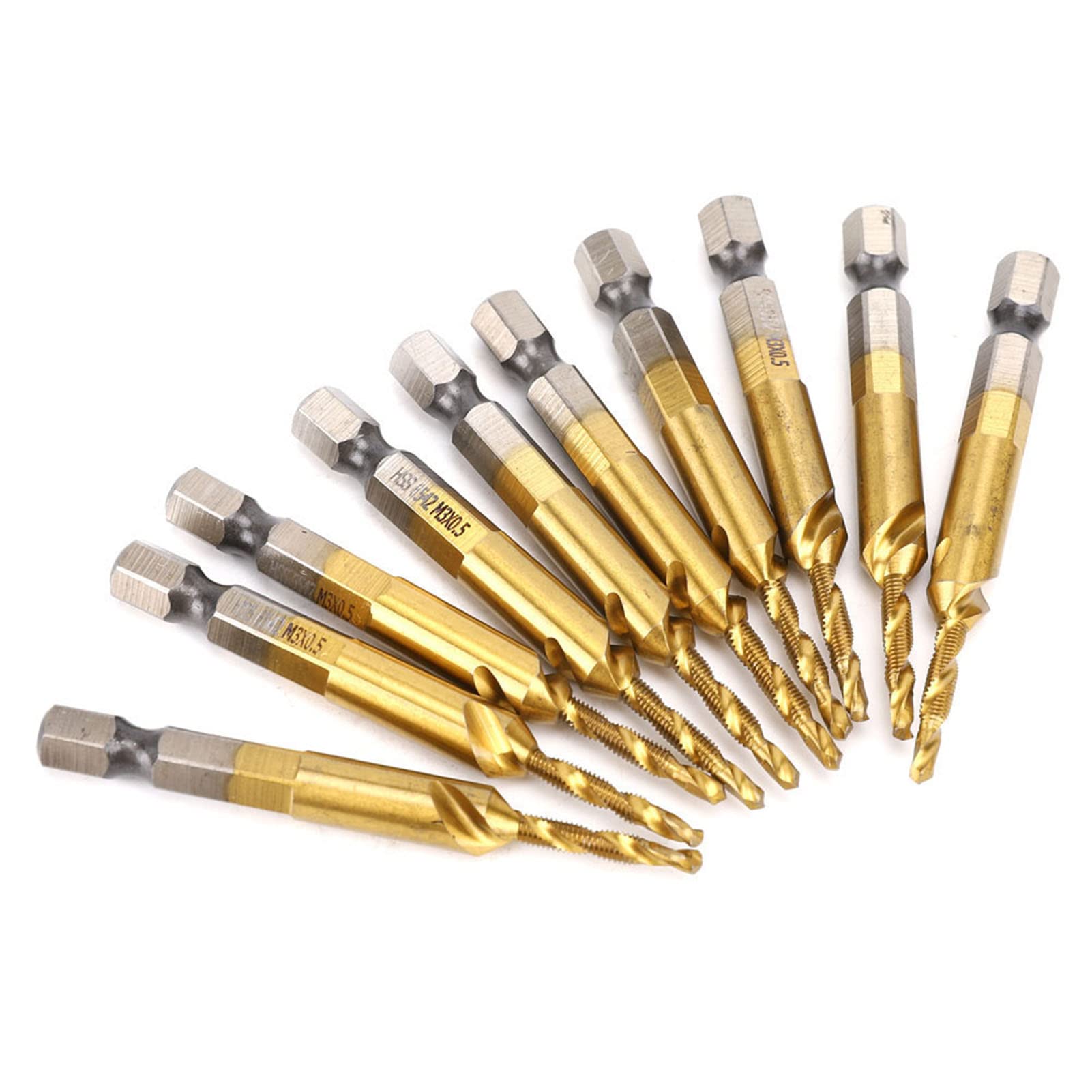 Utensile per Maschiatura Ad Alta Efficienza con Rivestimento in Titanio per Maschi a Vite con Gambo Esagonale Metrico per Trapano Elettrico, 10 Pezzi (M3-2.5 (6 maniglie quadrate rivestite))