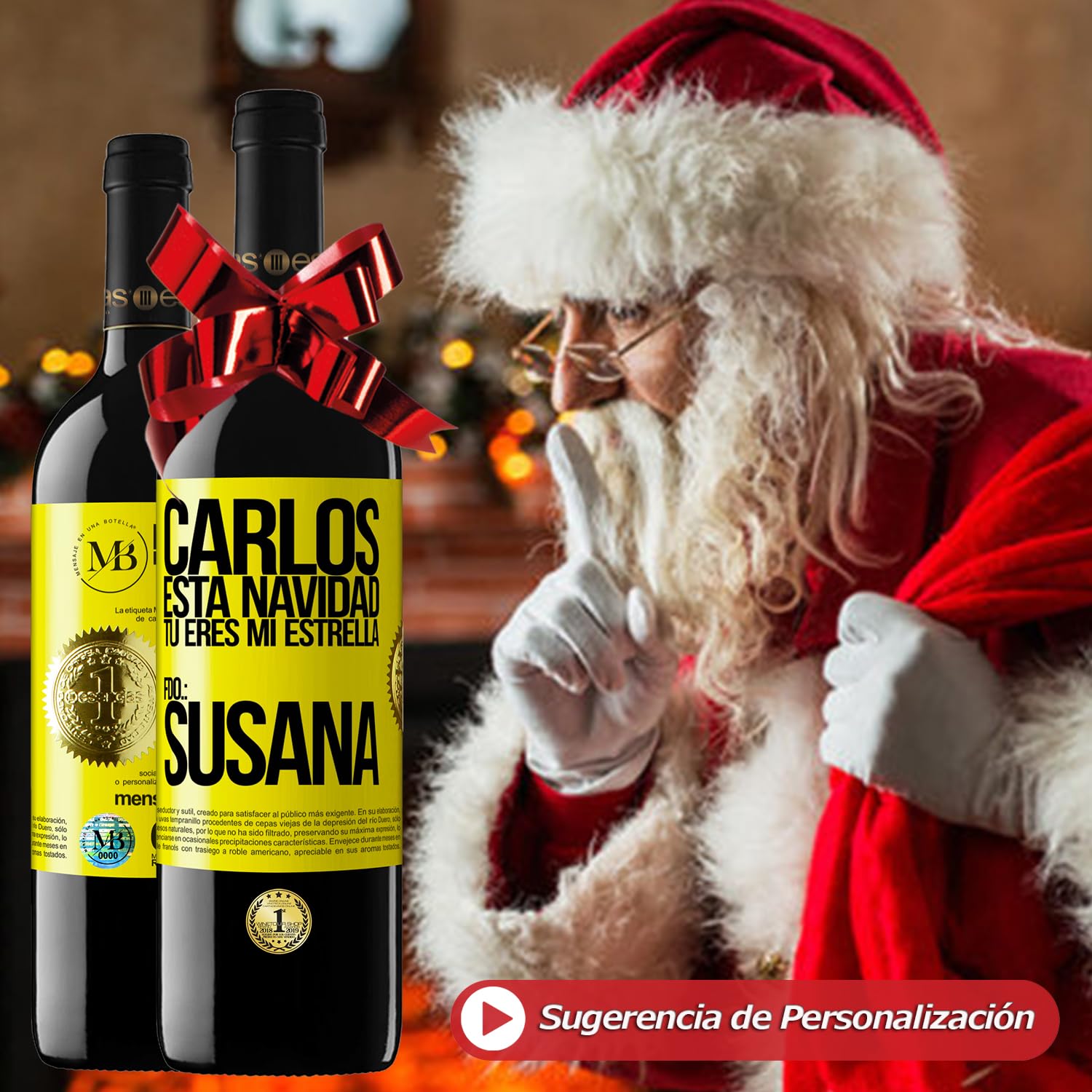 «Ya estoy aquí Te quedan dos deseos» Mensaje en una Botella. Estuche-Maletín de LUJO 2x Vino Tinto Premium Reserva 12 Meses y Set de 4 Accesorios. Etiqueta Azul PERSONALIZABLE