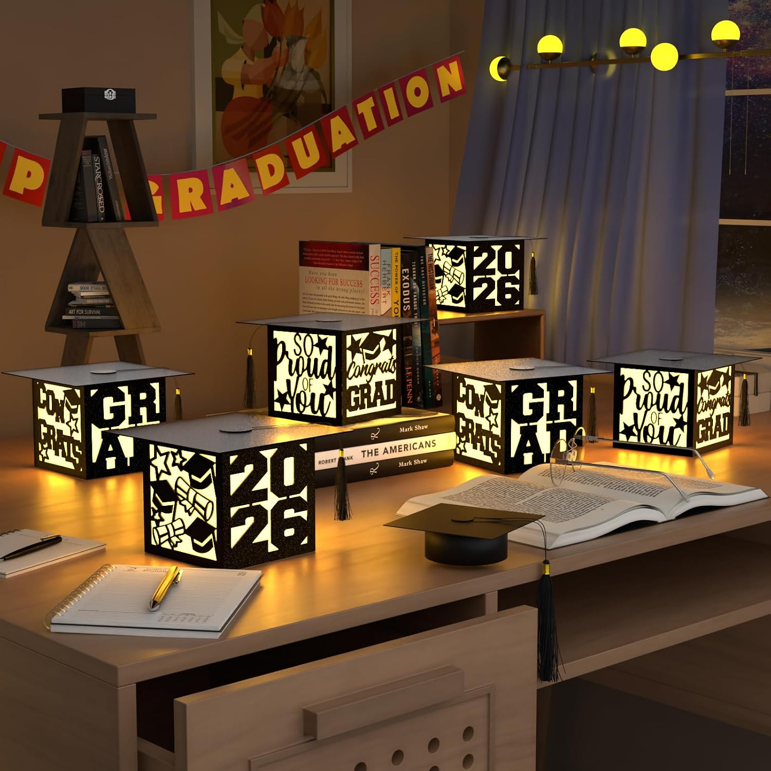 12 Pcs Graduation Table Centerpieces Boxes Class of 2026 Black Square Graduation Paper Lanterns with String Lights Hollow Out for Congrats Grad School College Table Decorations Grad Party Photo Props
