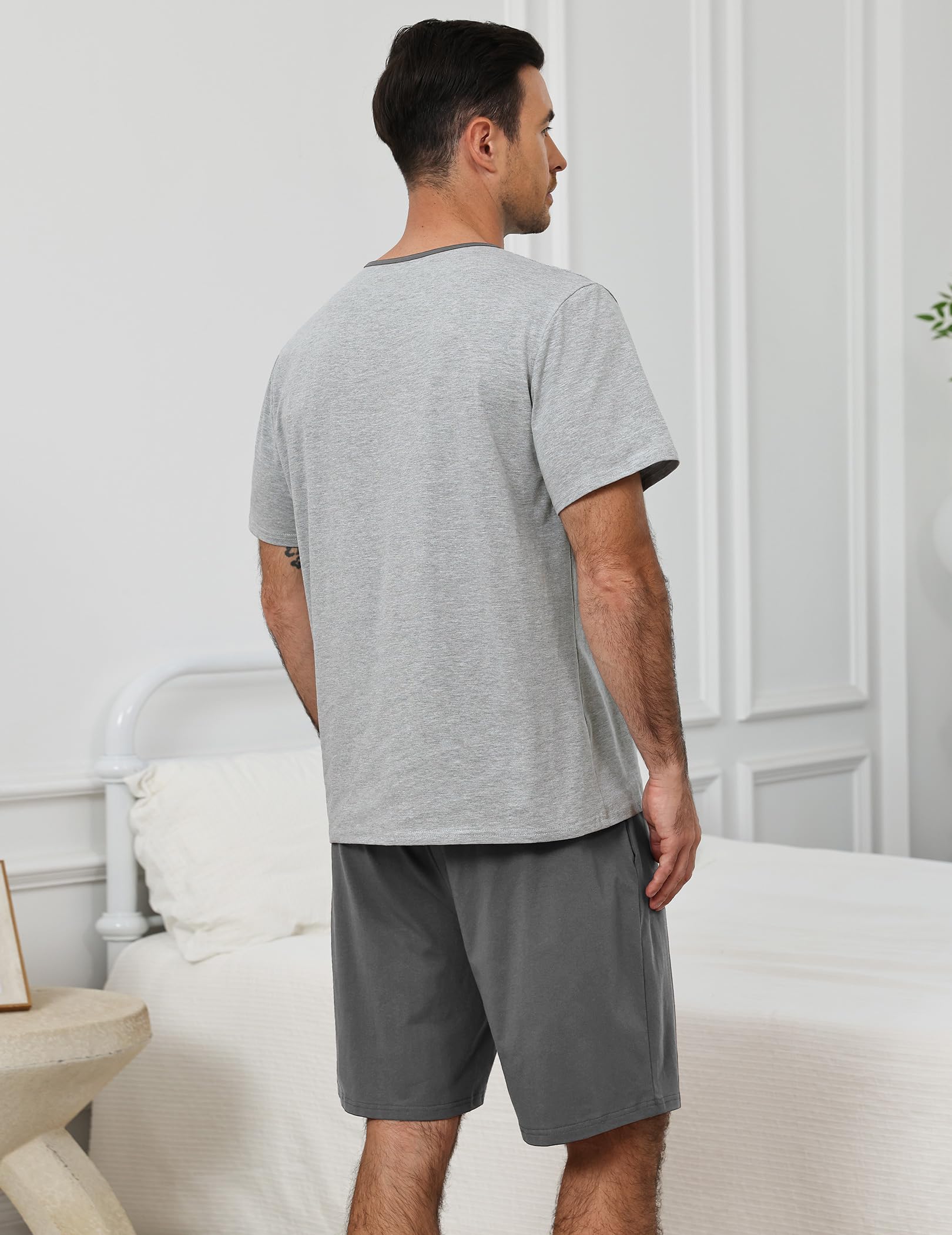 Pijama Hombre Corto Algodon para Verano, Ropa de Dormir Dos Piezas, Conjunto Manga Corta Camiseta con Botones y Shorts con Bolsillos, Suave y Cómodo Pijamas para Salir S-XXL