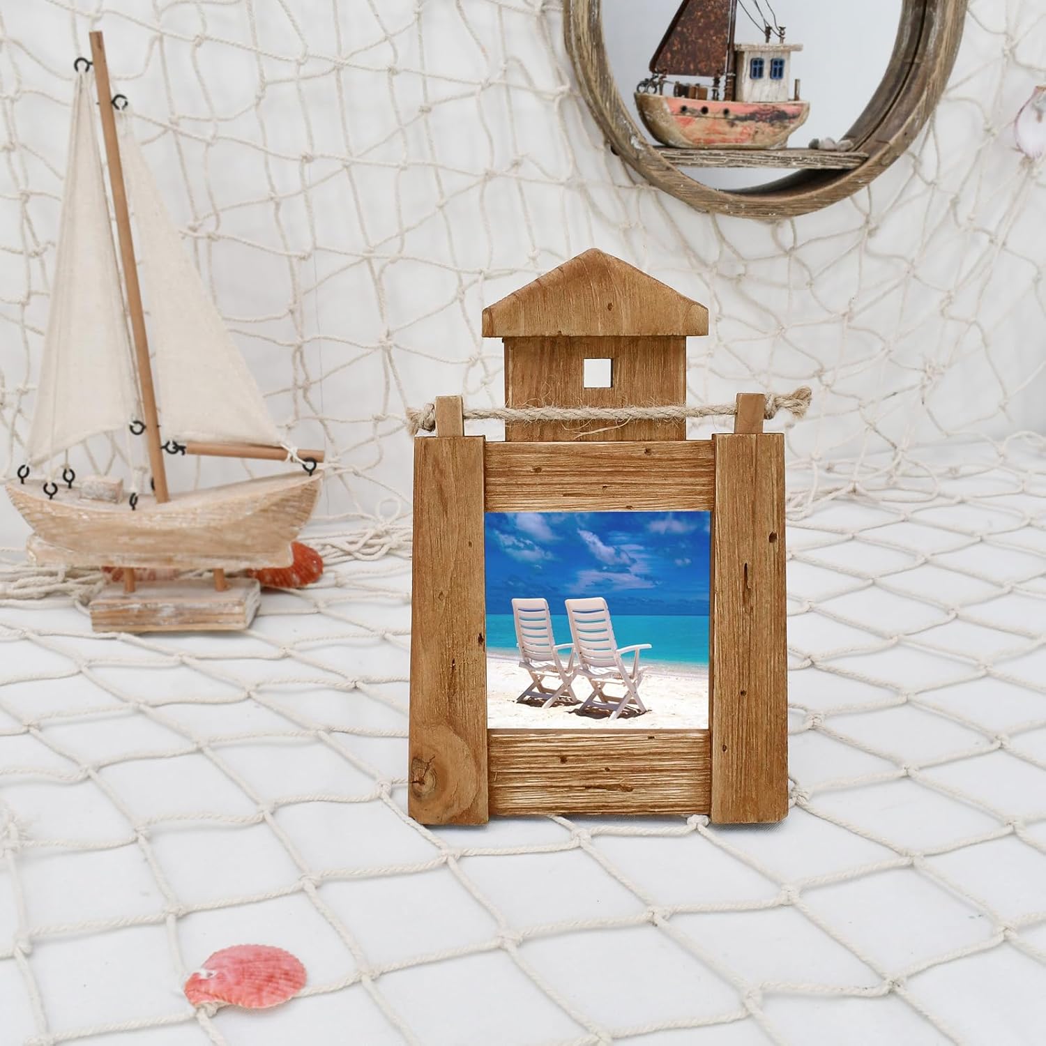 4x6 Picture Frame Rustic Wood Photo Frame Beach Home Decor, Handmade Nautical Lighthouse Shaped Photo Frame with HD Glass and Easel for Tabletop Decor (S M)