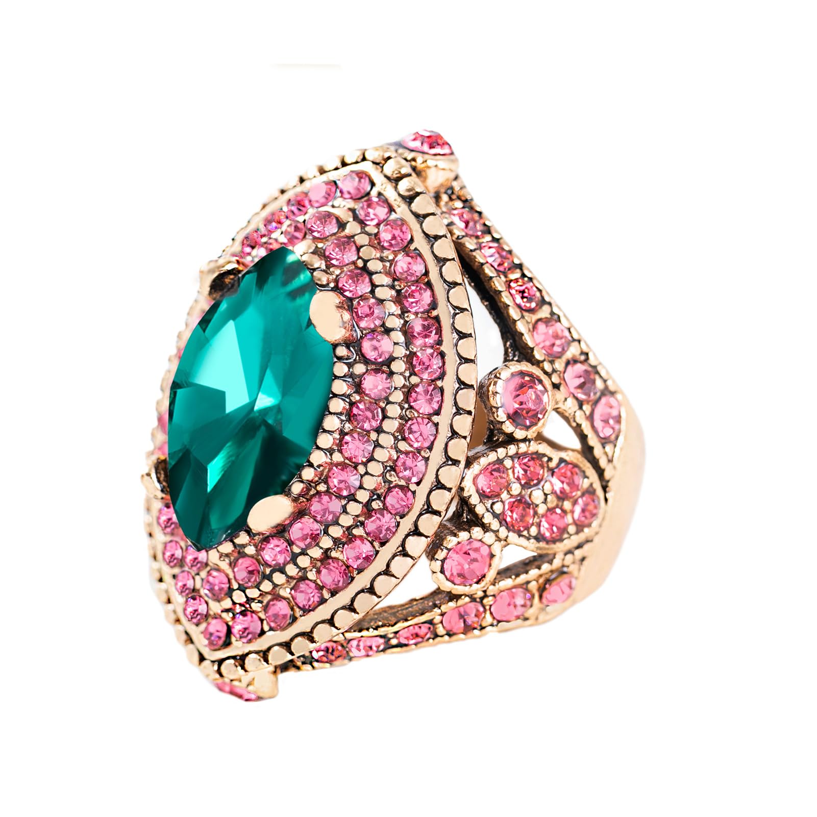 CKHAO Women Ring - 32mm Big Size Antique Gold Plated Turkish Style Green Pink Gemstone Vintage Ring Women Jewelry J0769GreenPink