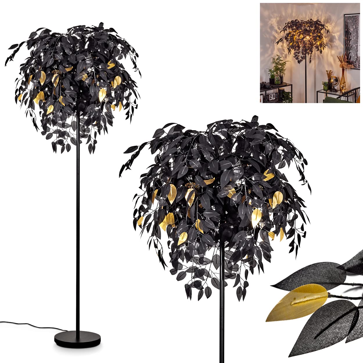 Lampa podłogowa Kallax, wykonana z metalu/plastiku w kolorze czarnym/złotym, z kloszem w optyce liścia, wysokość 190cm, z włącznikiem nożnym na kablu i efektem świetlnym, 3xE14, bez żarówek