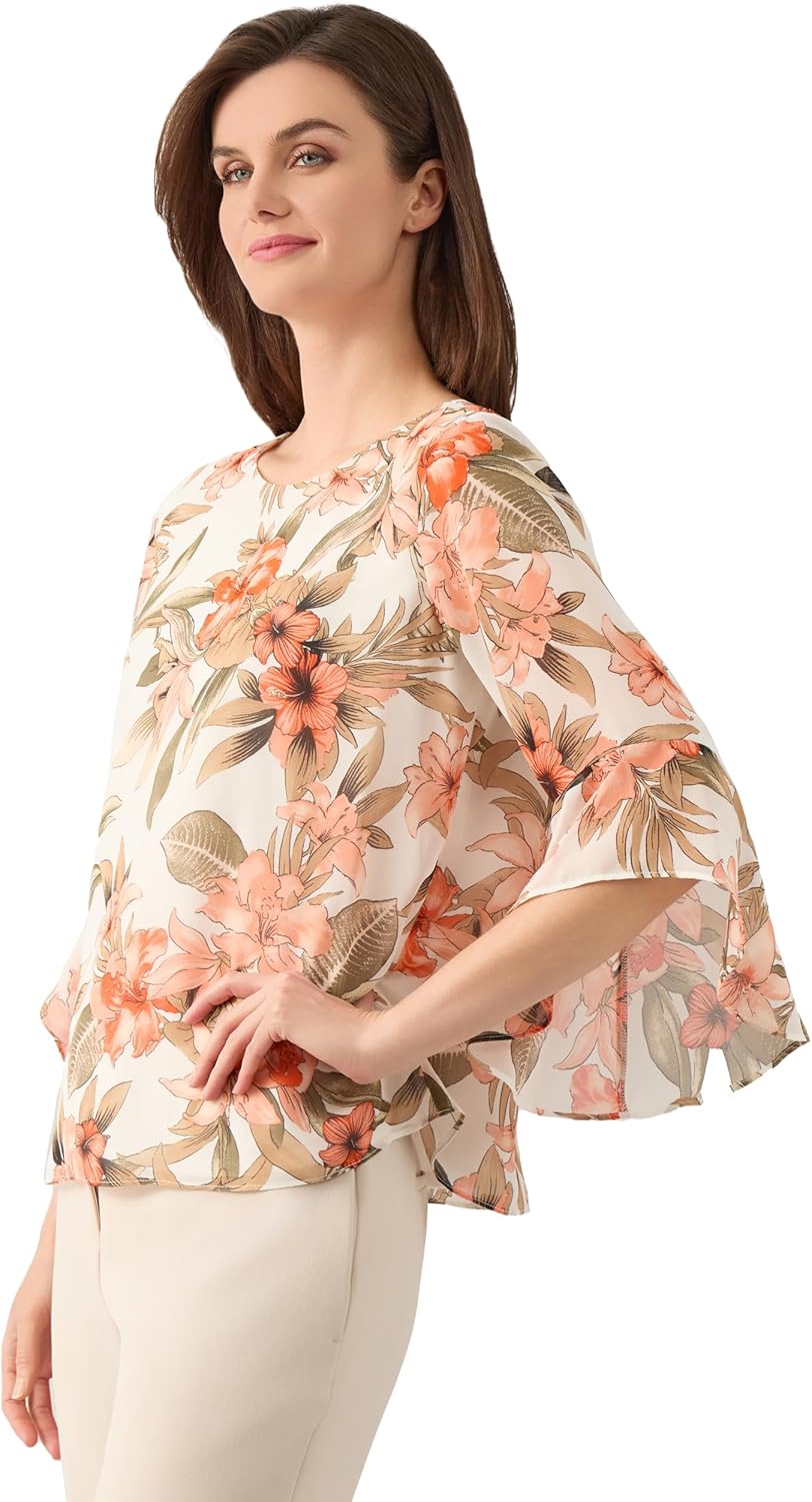 Kasper Womens 3/4 Ruffle Sleeve Printed Chiffon Top - Image 3