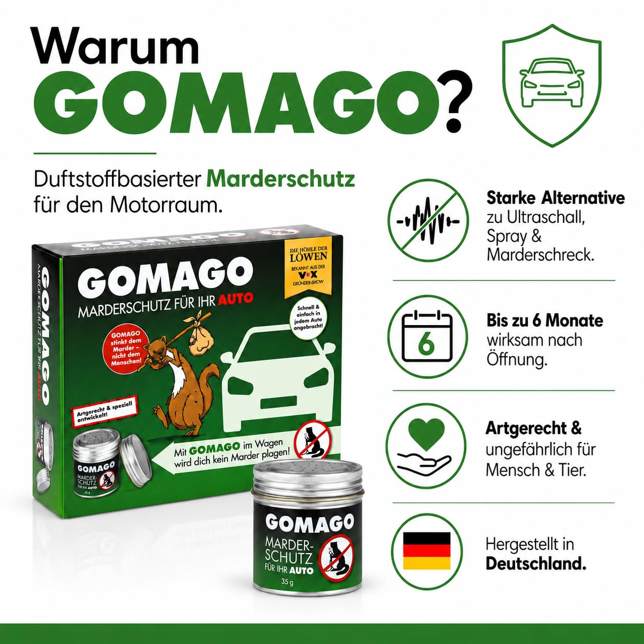 GOMAGO Marderschutz Auto Vorteils-/Doppelpack | Duftstoffbasierte Marderabwehr für den Motorraum | Starke Alternative zu Marderschreck, Marderspray & Ultraschall | ca. 6 Monate wirksam