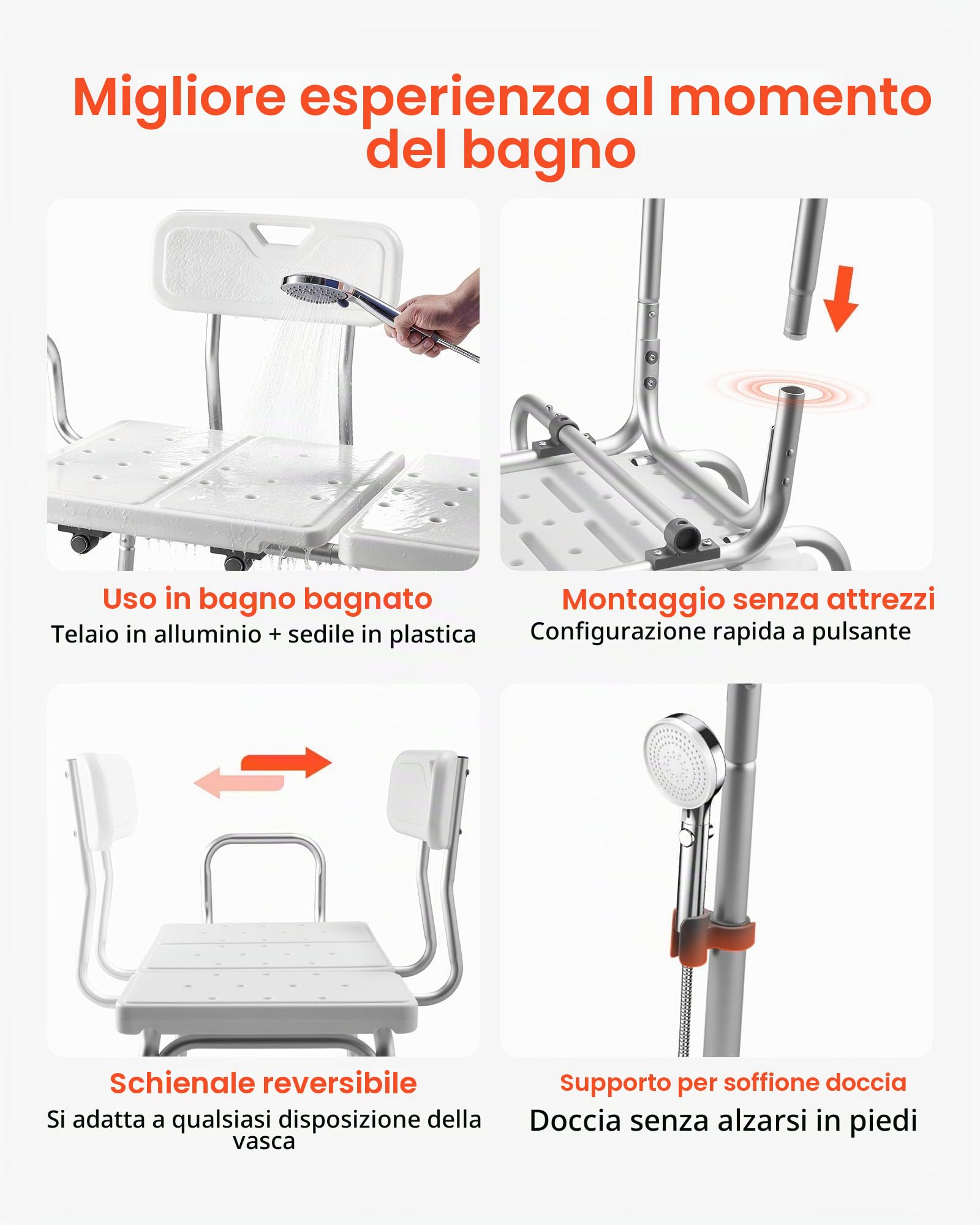 VEVOR Panca da Vasca da Bagno Carico max 180 kg, Sedia per Trasferimento Vasca da Bagno con Braccioli Schienale, Sedile da Doccia Altezza Regolabile per Anziani Pazienti Mobilità Ausiliare Box Doccia