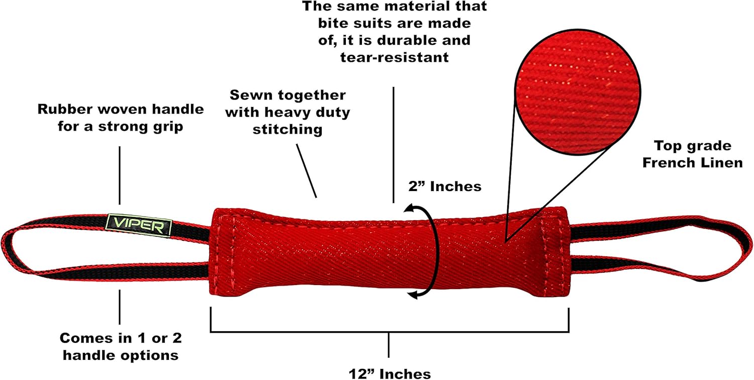 Viper Synthetic K9 Tug Toy Reward with Two Handles for Adult Dogs and Puppies. Ruber Handles, Red, 12" x 2.5"