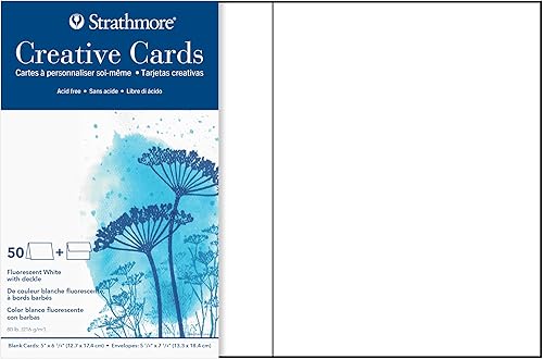 Strathmore Tarjetas creativas, color blanco fluorescente con borde cubierto, 5 x 6.875 pulgadas, paquete de 100 sobres incluidos, tarjetas de