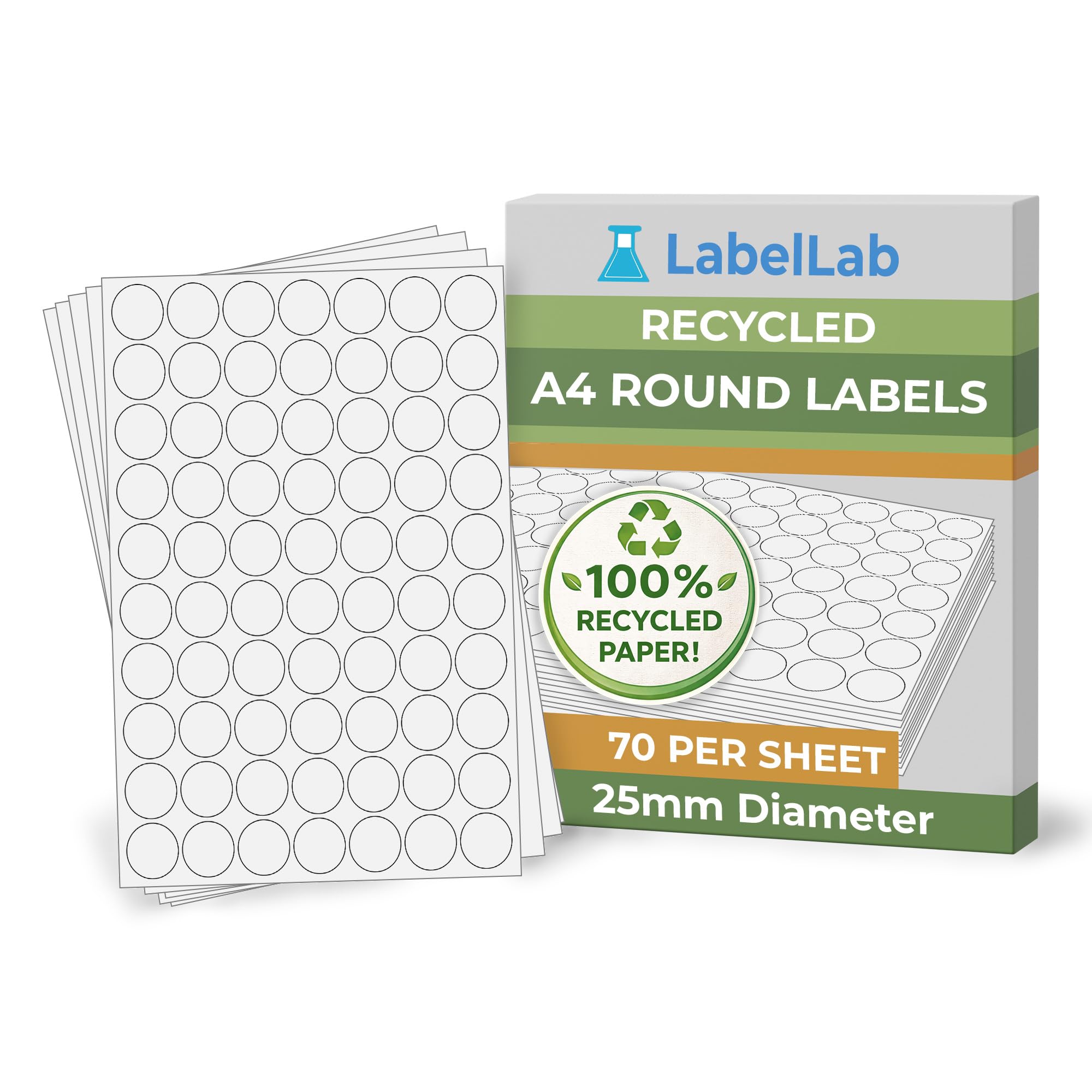 Recycled A4 Round Labels - Printable Circle Sheet Labels for Inkjet & Laser Printers, Permanent Adhesive - 25mm Diameter, 100 Sheets - LabelLab