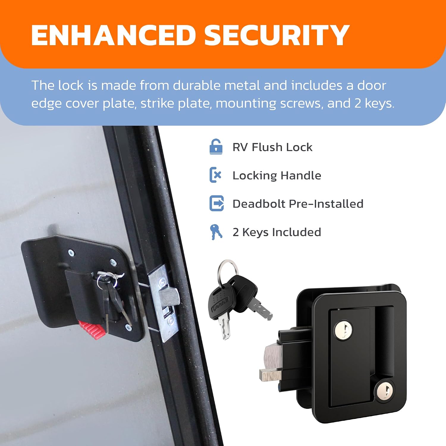 Heavy Duty Cargo Trailer Side Door - .080 Polycore Reinforced Rust-Resistant Aluminum Frame with RV Flush Lock – Easy Install Replacement Trailer Door (Black Door with Silver Frame, 32x75)
