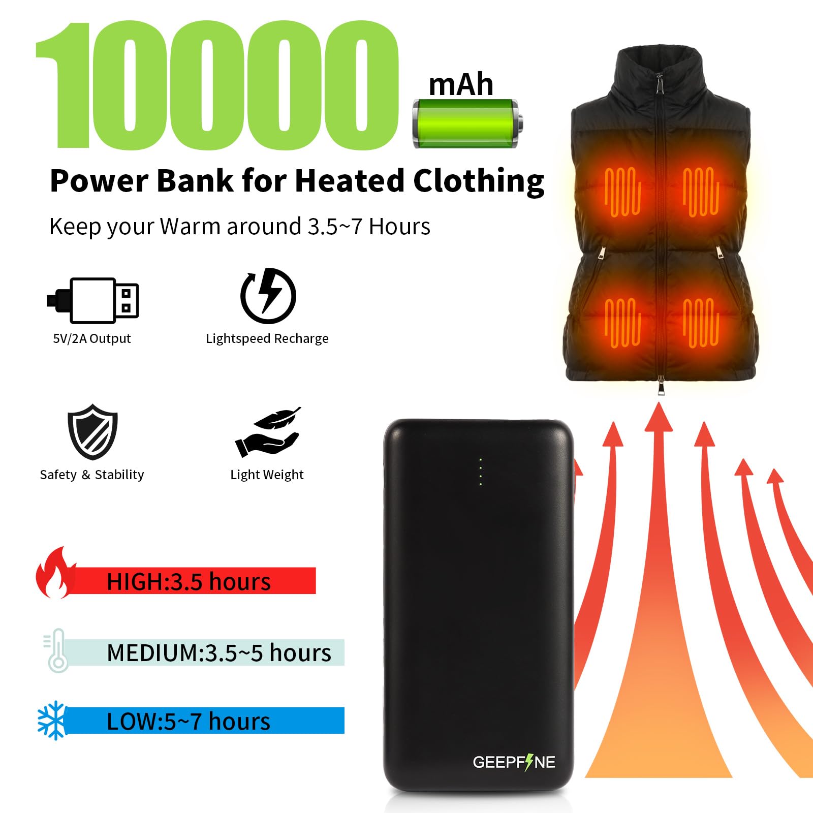 GEEPFINE 5V 2A/3A Power Bank Battery Pack for Heated Vest, Heated Vest Battery Portable Charger Fast Charging Power Bank 10000mah