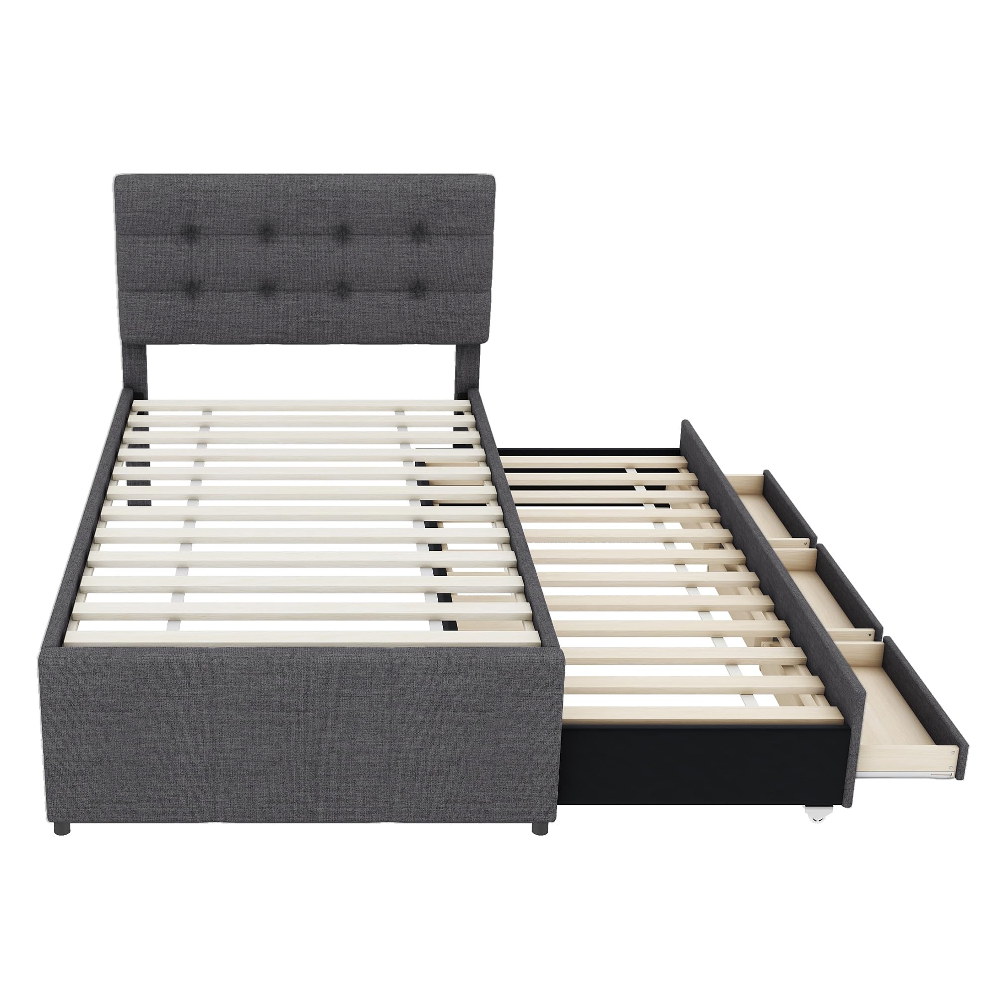 Cama tapizada, 90 x 200 cm, con cama nido de 90 x 190 cm, cama familiar, cama con tres cajones, cama enrollable extensible, cabecero ajustable, sin colchón (gris)