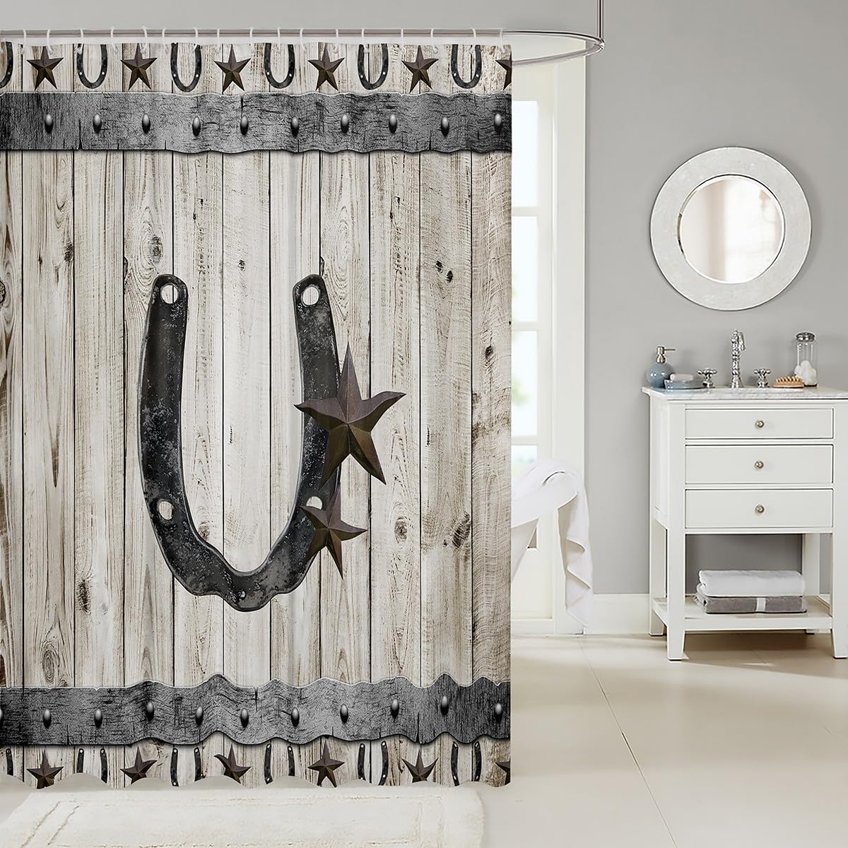 Feelyou Texas Star Bath Curtain for Girls Boys Cowboy Horseshoe Bathroom Shower Curtain Set Rustic Wood Grain Decorative Bath Curtain Cabin Lodge Kids Bathroom Accessories 72"x84"