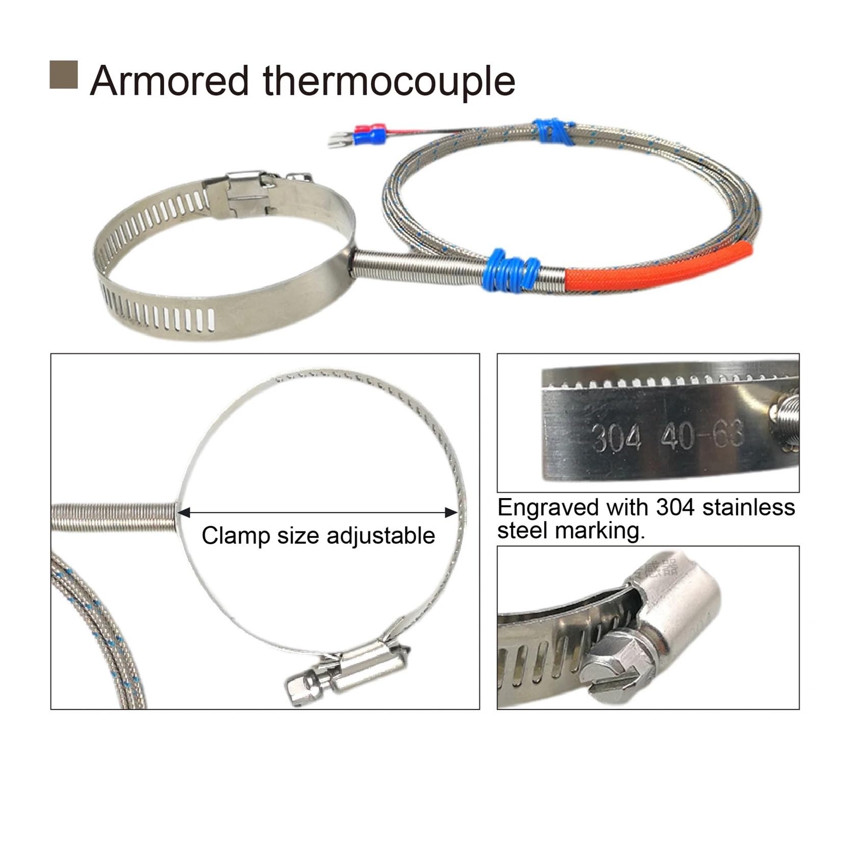 Sensor de superficie de tubería ajustable tipo K con termopar de abrazadera(PT100-300cm-40-63mm)