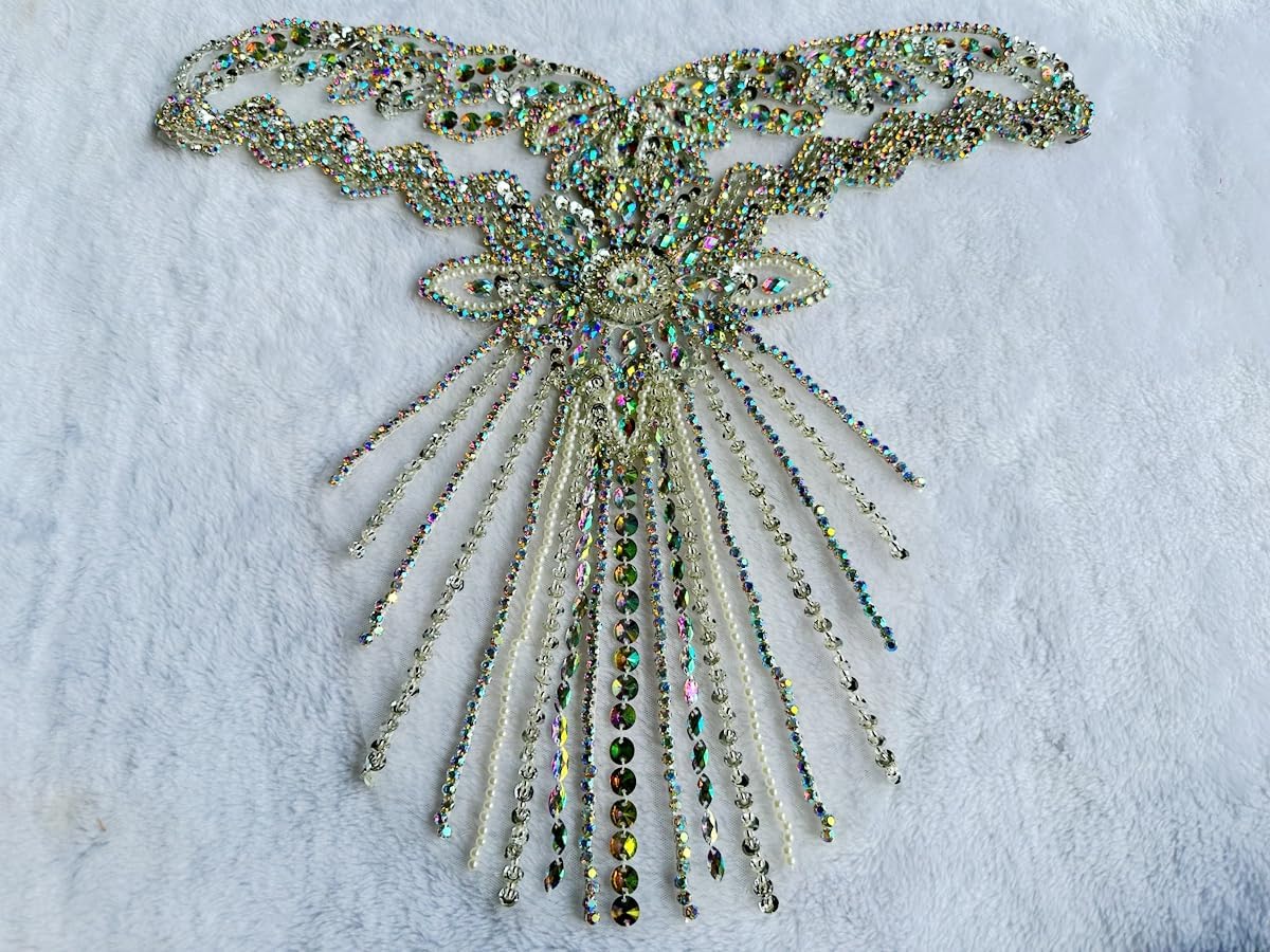 Pure Handmade Bodice lace Rhinestones Applique Sewing Stones Beads Crystal Trimming Patches Accessories for Weding Dress Decorations 16X13.7inches (Clear AB)