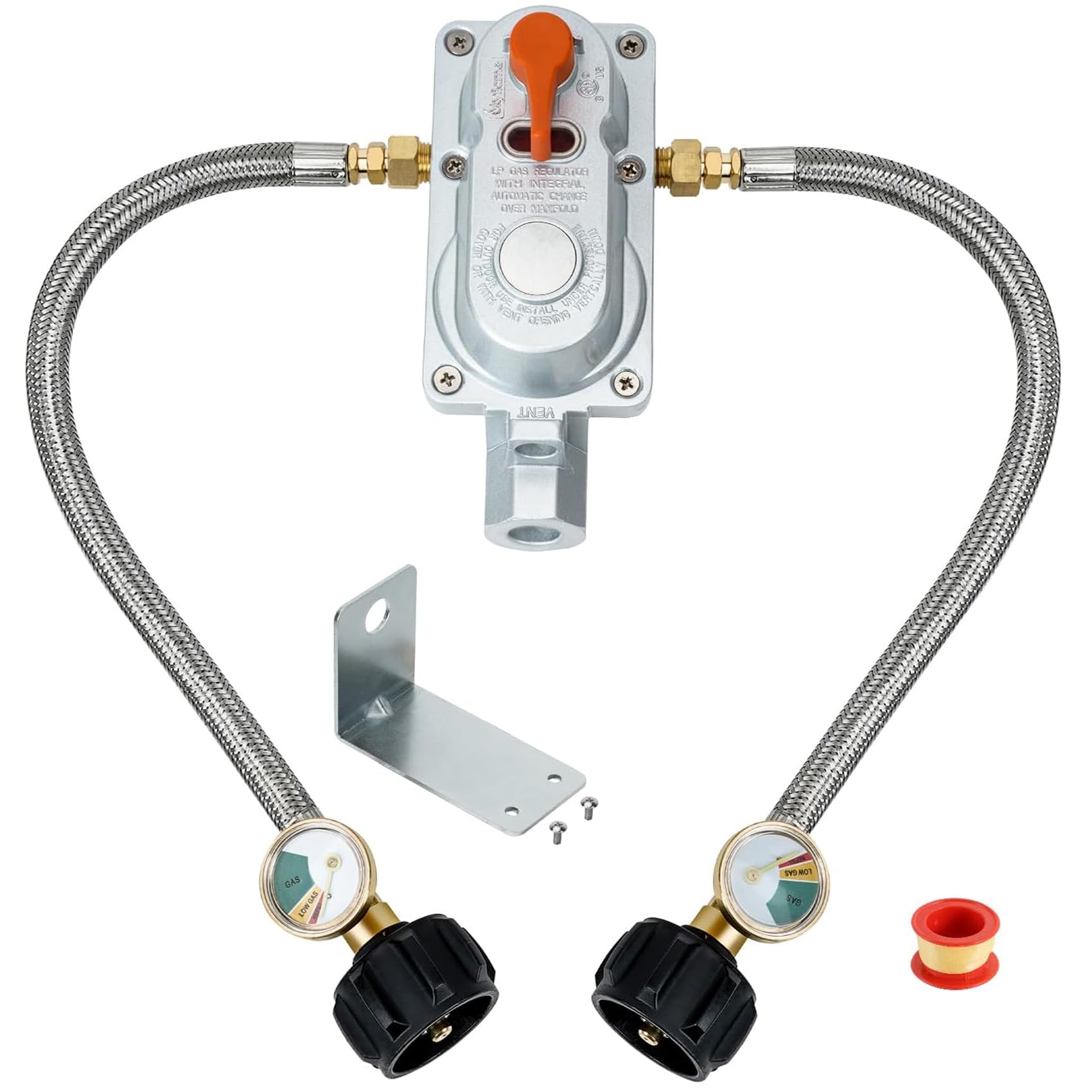 Skyflame 2-Stage Auto Changeover Propane Gas Rv Regulator Kit with 2PCS Gauges and 12-Inch Braided Connection Hoses for Dual Propane Tank RV Trailers Camper