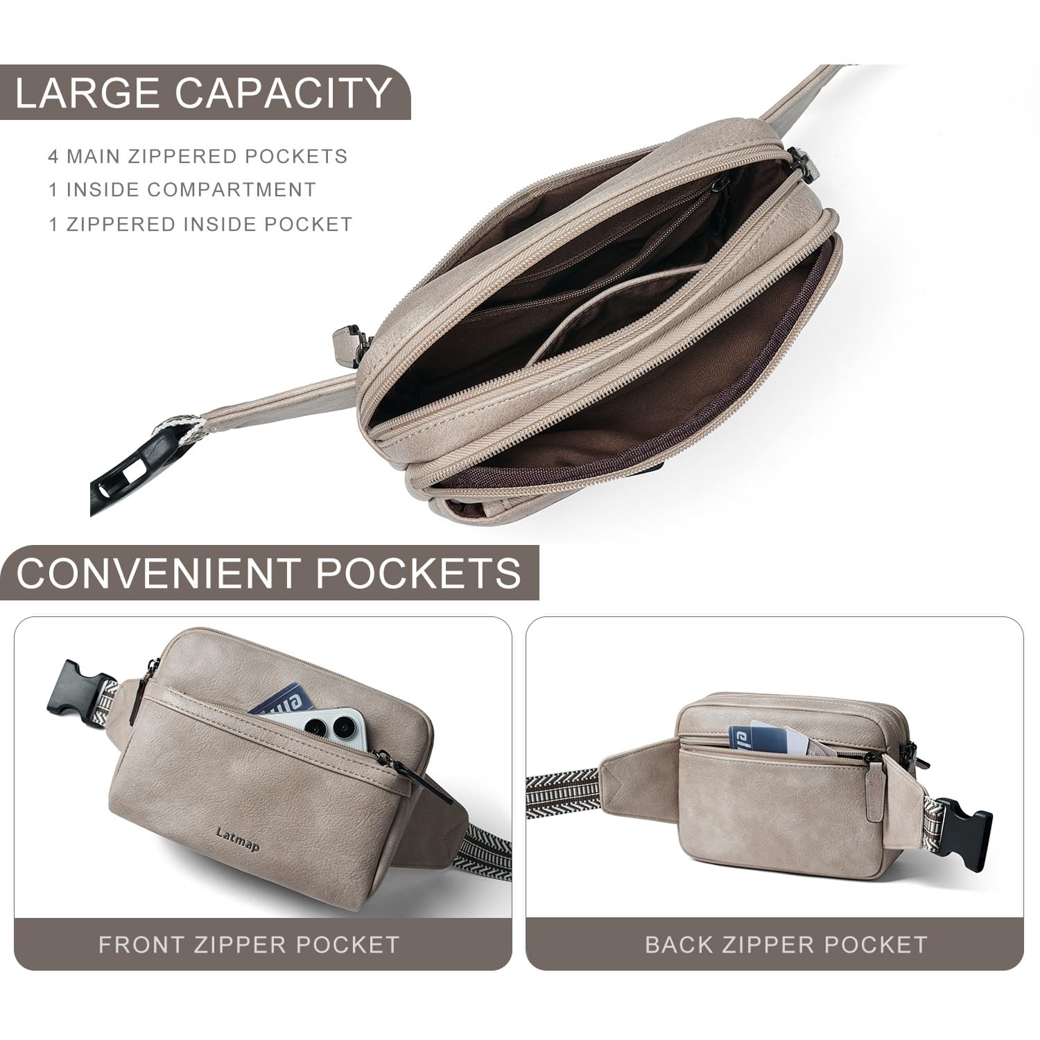 LATMAP 3L Fanny Pack Bumbags for Women Men 4-Zipper Pockets Belt Bag Sling Waist Pack Faux Leather Chest Bag Greyish - Image 3