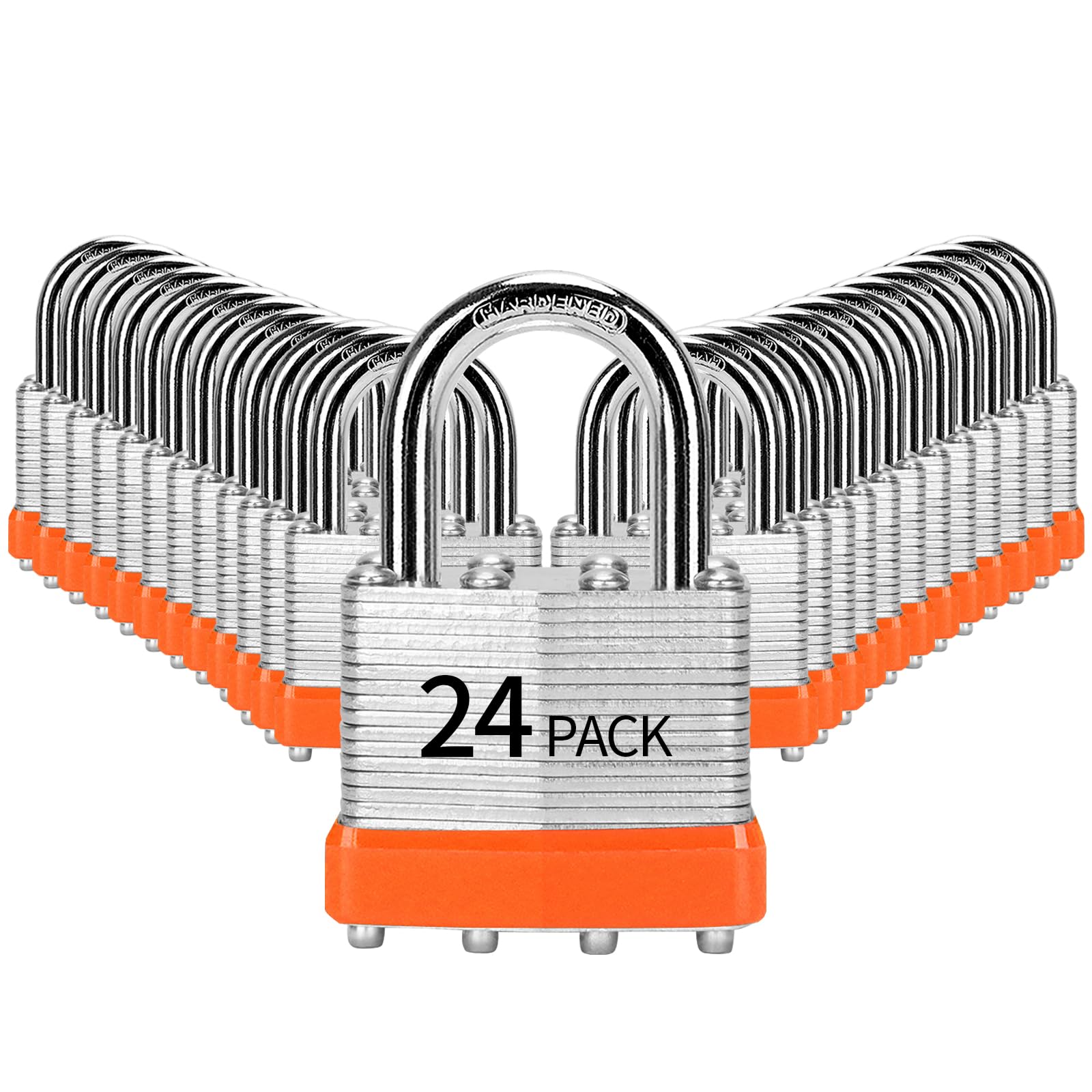 Candados de acero laminado con llave igual, 40 mm de ancho, candado de grillete normal, aro naranja, paquete de 24, para taquilla de gimnasio y unidad de almacenamiento o más
