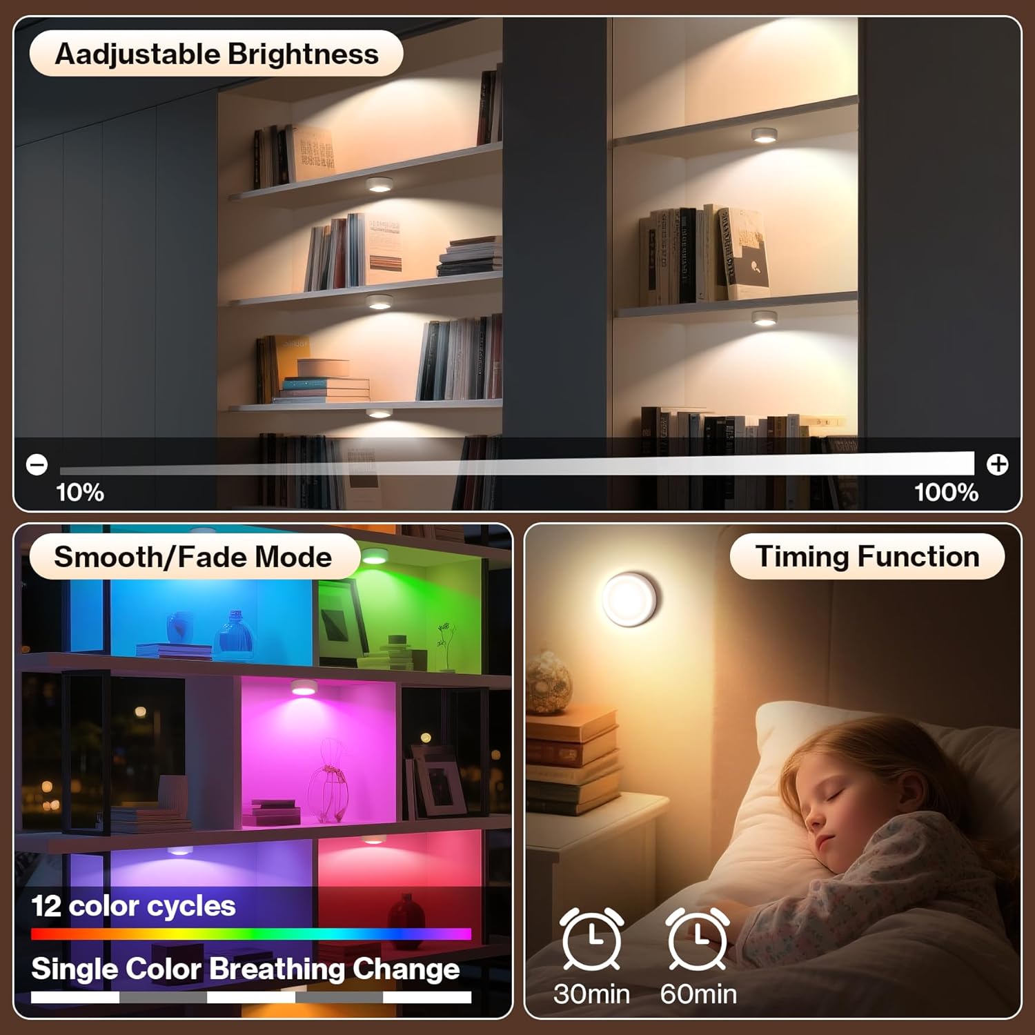 Cadrim Under Cabinet Lighting, Rechargeable Puck Lights with Remote Control, 13 Colors RGB LED Rechargeable Night Light, 1000mAh Battery Operated Wireless Push Light, Magnetic Stick-on Design (6pcs)