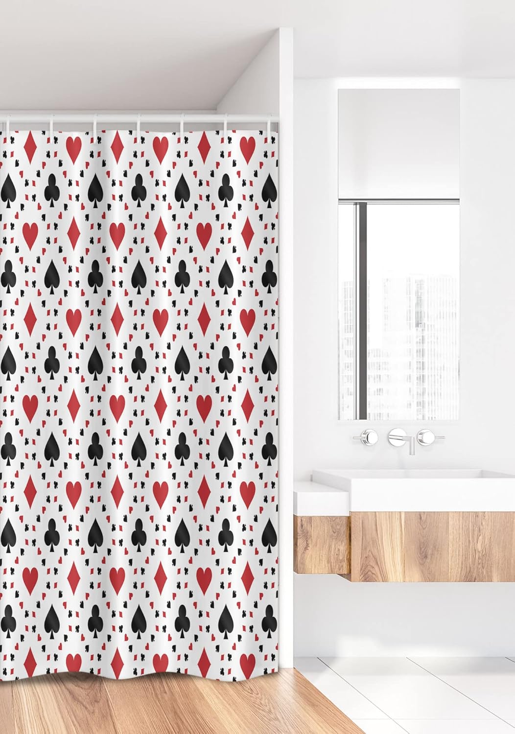 Ambesonne Casino Stall Shower Curtain, Poker Cards Advertising Holidays Getaways Tourist Destinations Pleasure Art Print, Fabric Bathroom Decor Set with Hooks, 36" W x 72" L, Red Black