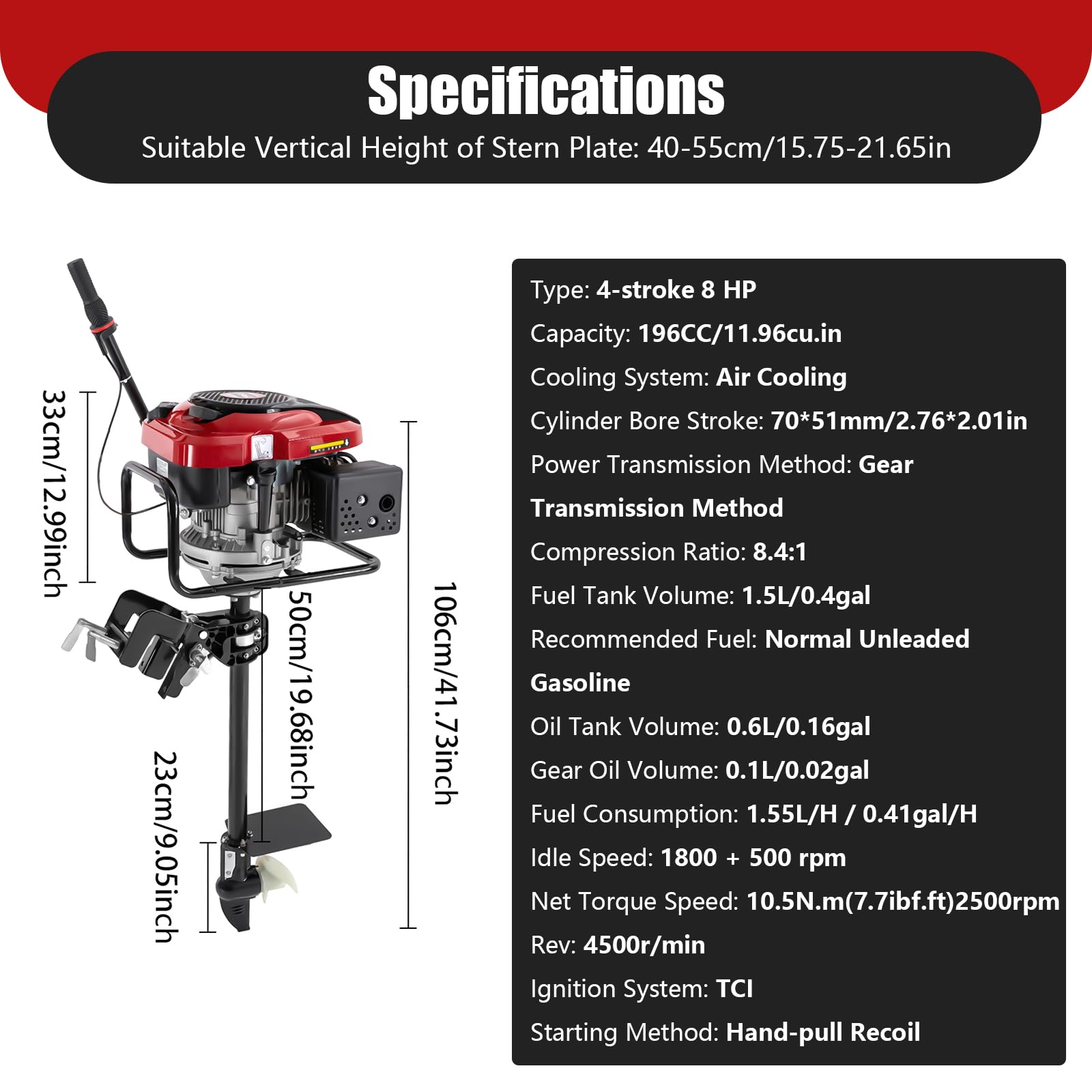 Motore fuoribordo a 4 tempi, 8 CV, 196 cc, 4500 giri/min, motore a benzina con sistema di raffreddamento e sistema di accensione TCI, motore fuoribordo professionale per gommoni, barche da