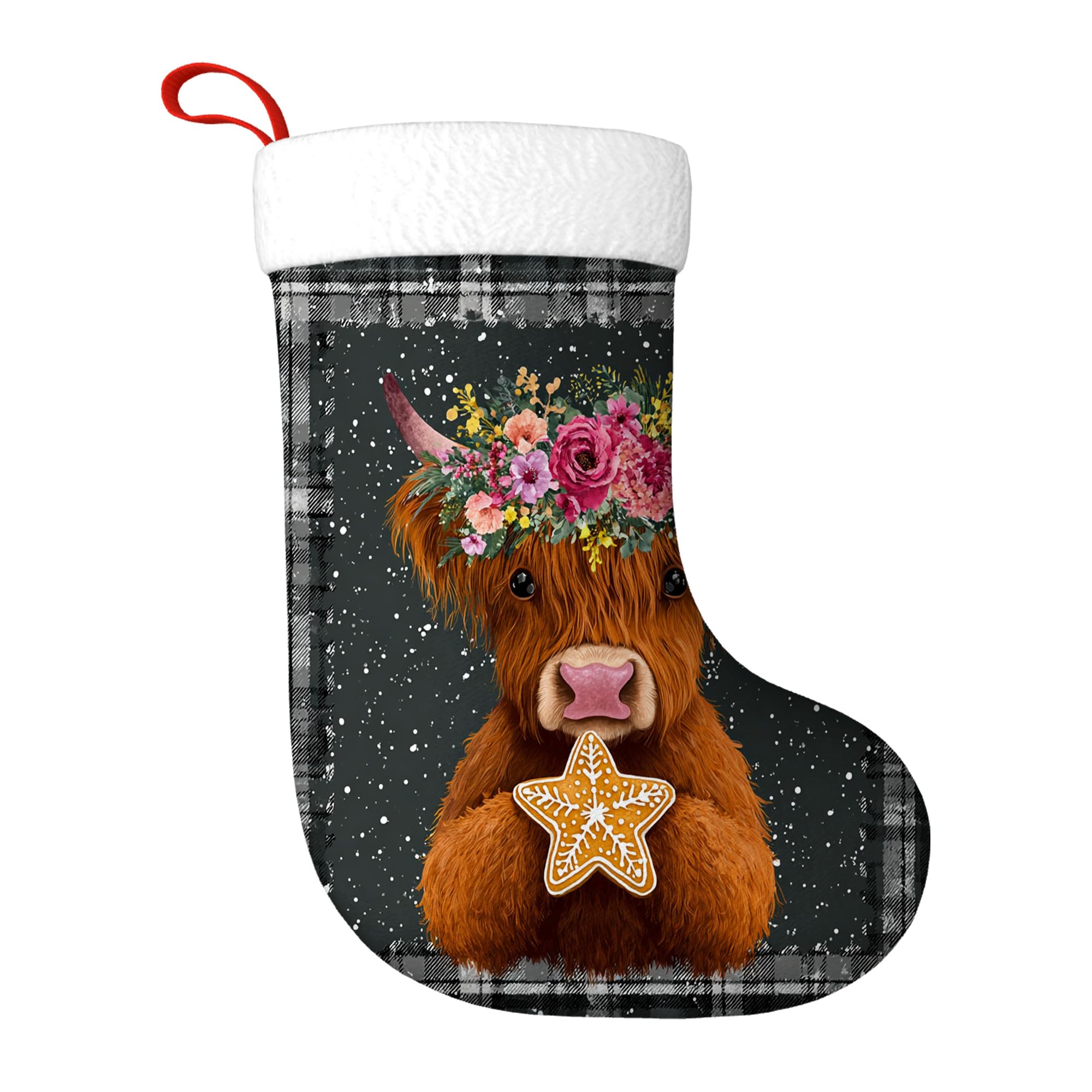 Highland Cow Christmas Stocking, Christmas Rustic Flowers Star Biscuits Brown Xmas Stocking Decorations Gifts for Home Fireplace Tree Banister Office Shop Holiday Decor 11x18 Inch