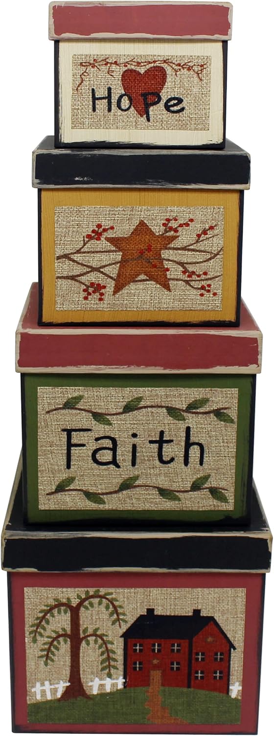 CVHOMEDECO. Square Primitives Vintage Hope Faith Star House Collectibles Cardboard Nesting Boxes, Set of 4. (8" x 8" x 7"H)