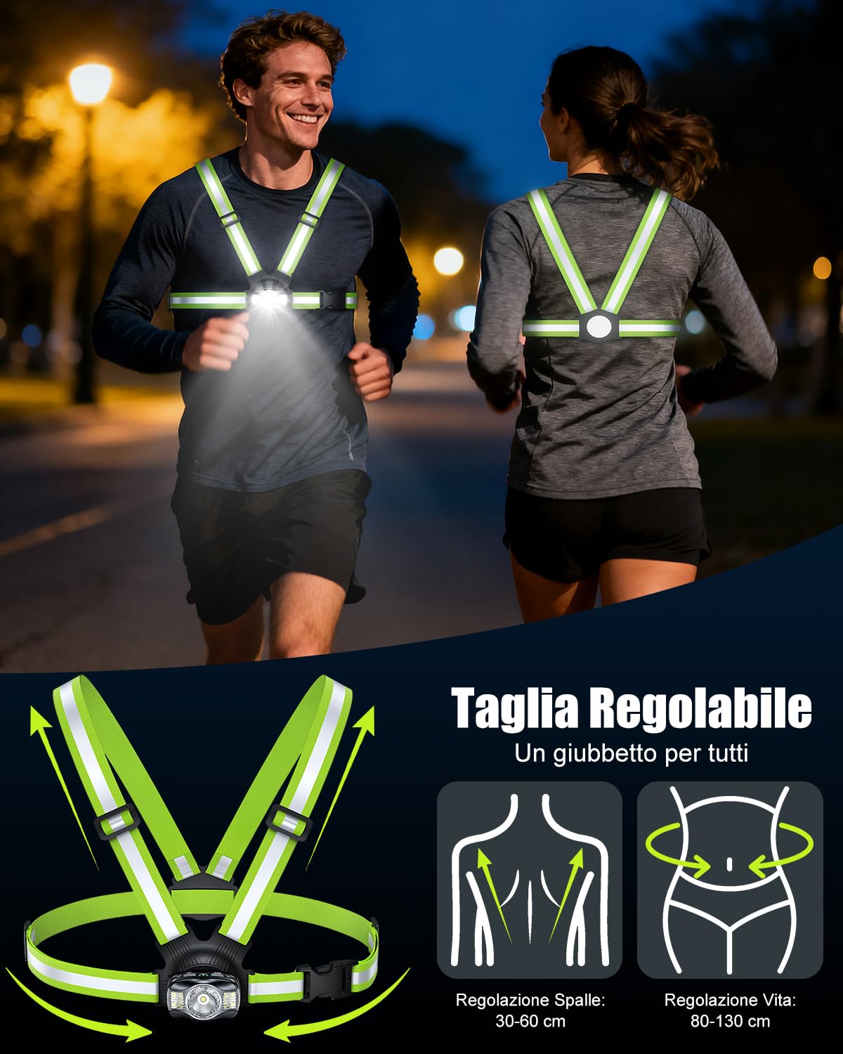 Babacom 500 Lumen Luce Running, Bretelle Giubbotto Catarifrangente con Riflettore, Fascio Regolabile a 45° e Impermeabilità IPX4, Torcia Frontale 1800mAh Ricaricabile per Corsa/Ciclismo/Camminate