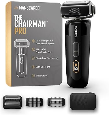 MANSCAPED® The Chairman™ PRO Men’s Electric Foil Face Shaver - Two Interchangeable Blade Heads, SkinSafe® Four-Blade Foil & Stubble Trimmer, USB-C Wireless Compatible Charging, Gentle on Neck