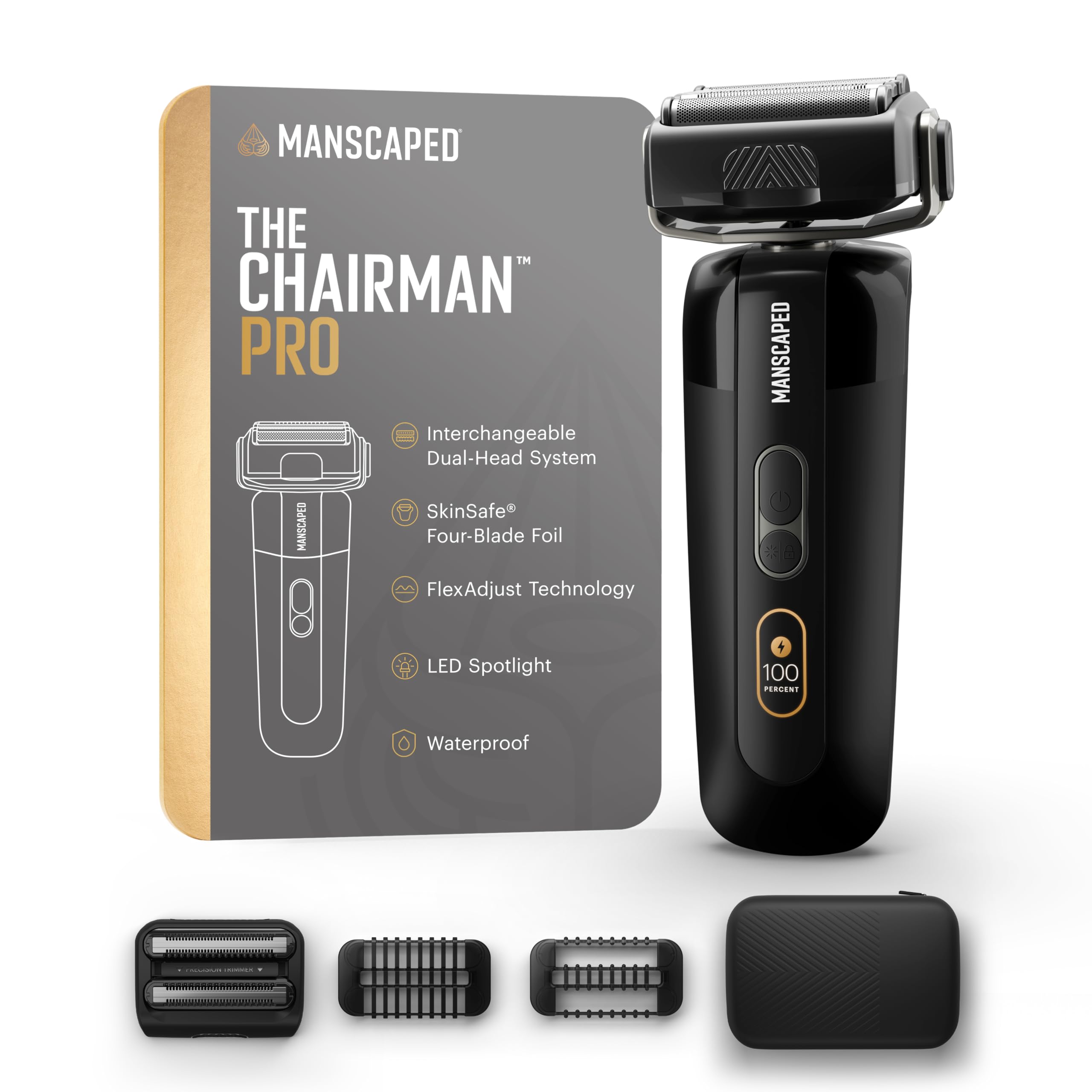 MANSCAPED® The Chairman™ PRO Men’s Electric Foil Face Shaver - Two Interchangeable Blade Heads, SkinSafe® Four-Blade Foil & Stubble Trimmer, USB-C Wireless Compatible Charging, Gentle on Neck