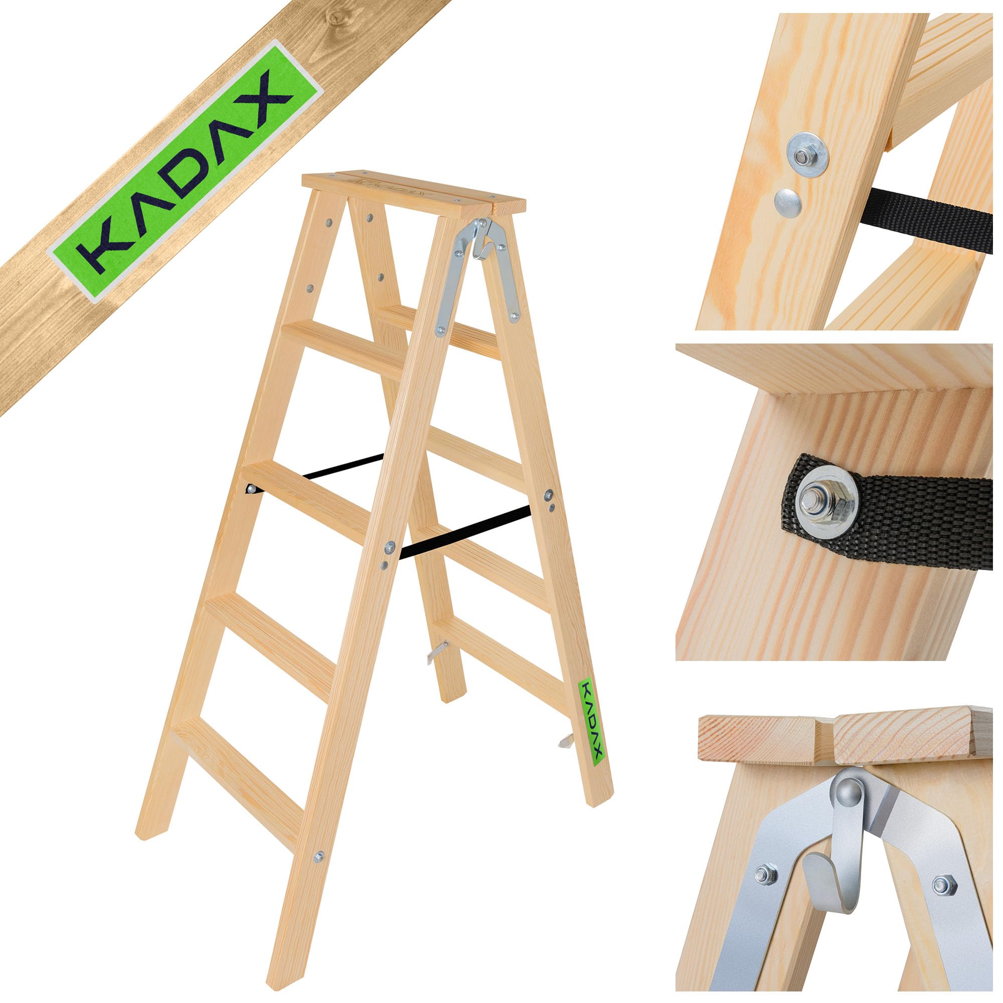 KADAX 5 Step Folding Wooden Ladder with Steel Hook Painting Easel Ladder Household Ladder