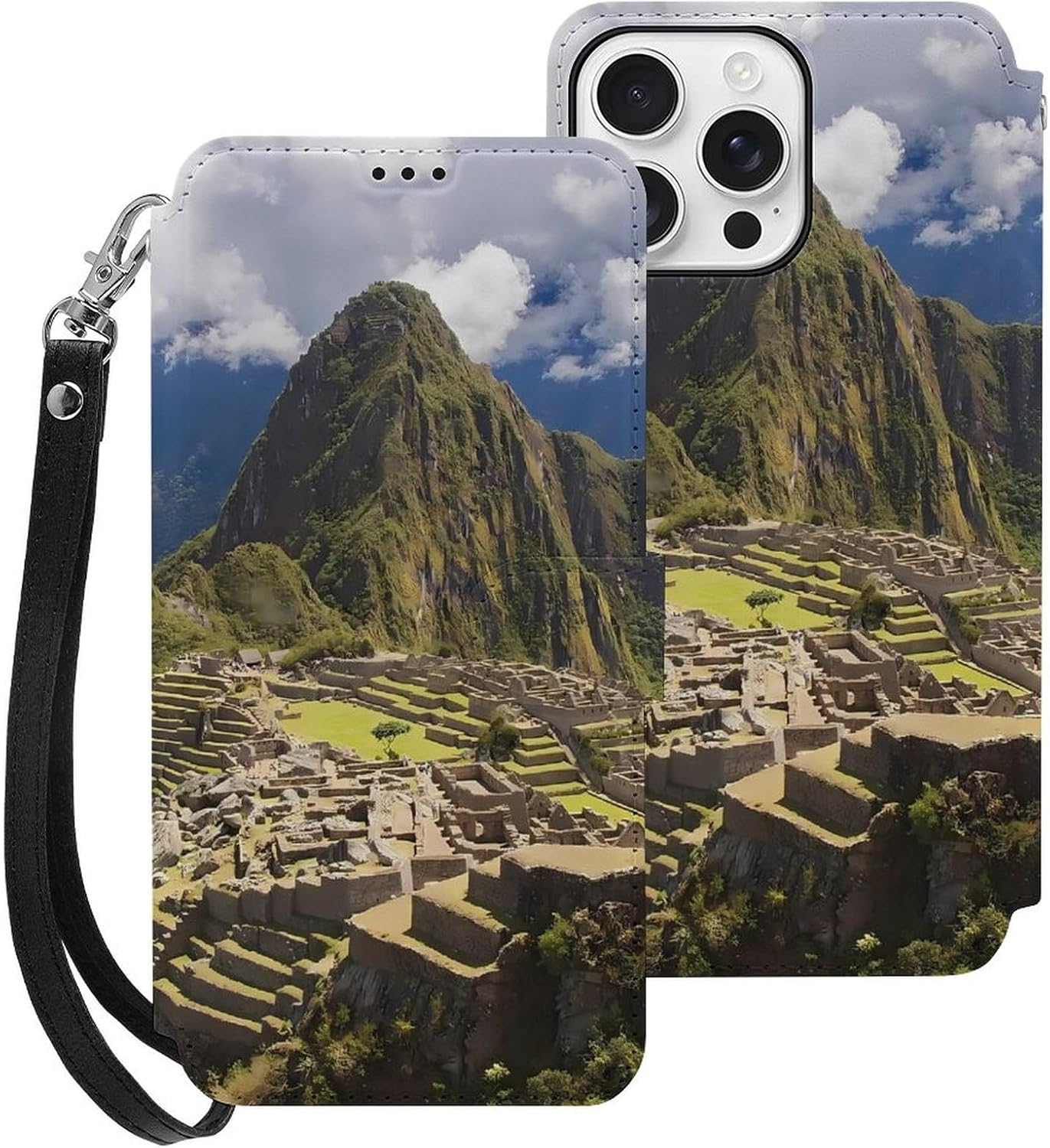 Machu Picchu Peru Mountains Compatible with iPhone 16/16 Plus/16 Pro/16 Pro Max/16 E Case Phone Wallet Card Holder Flip Cover with Wrist Strap