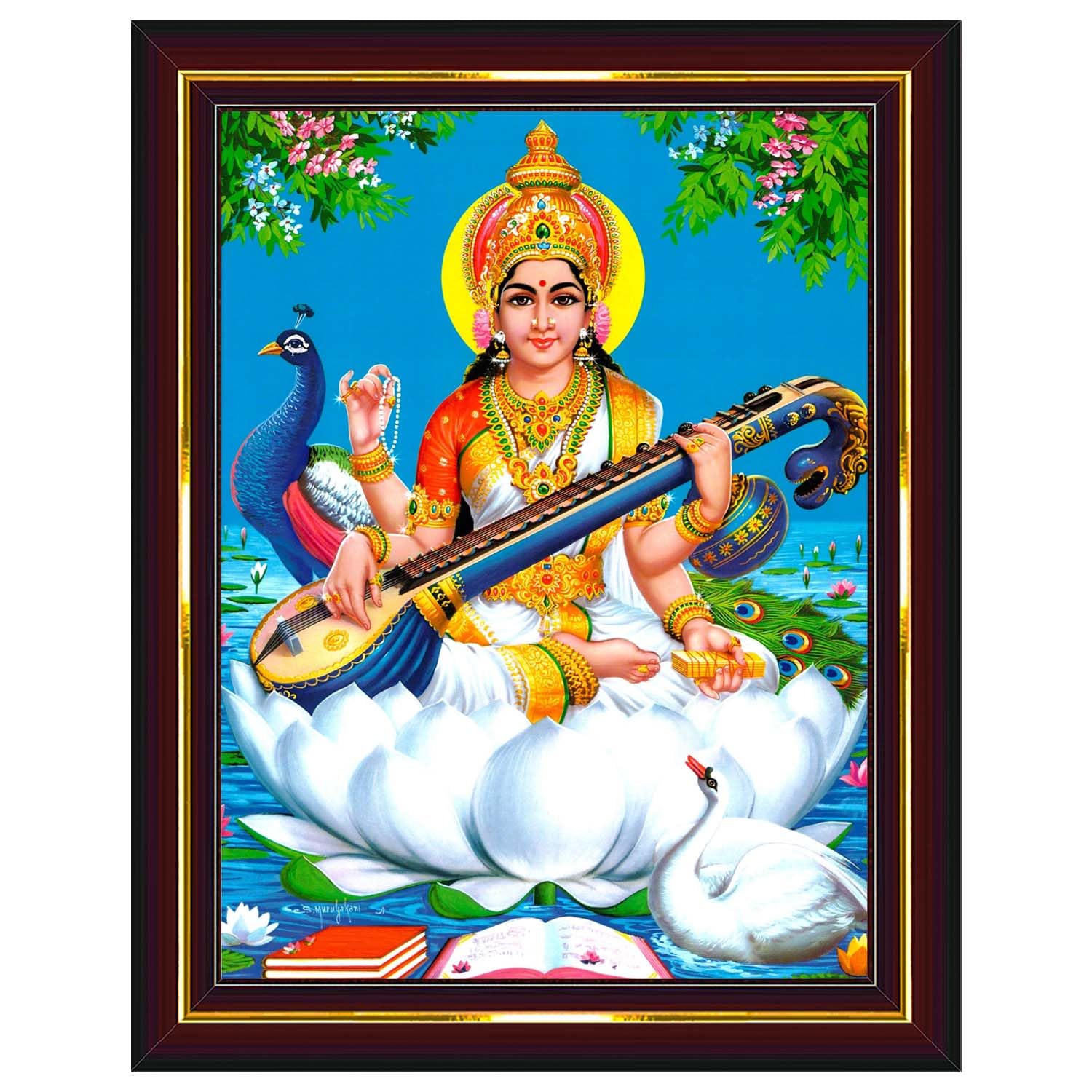 Mata Saraswati Devi Maa Saraswathi Saraswathy, Brown Color Wooden Photo Frame, Small Size 17x21cm, B721S