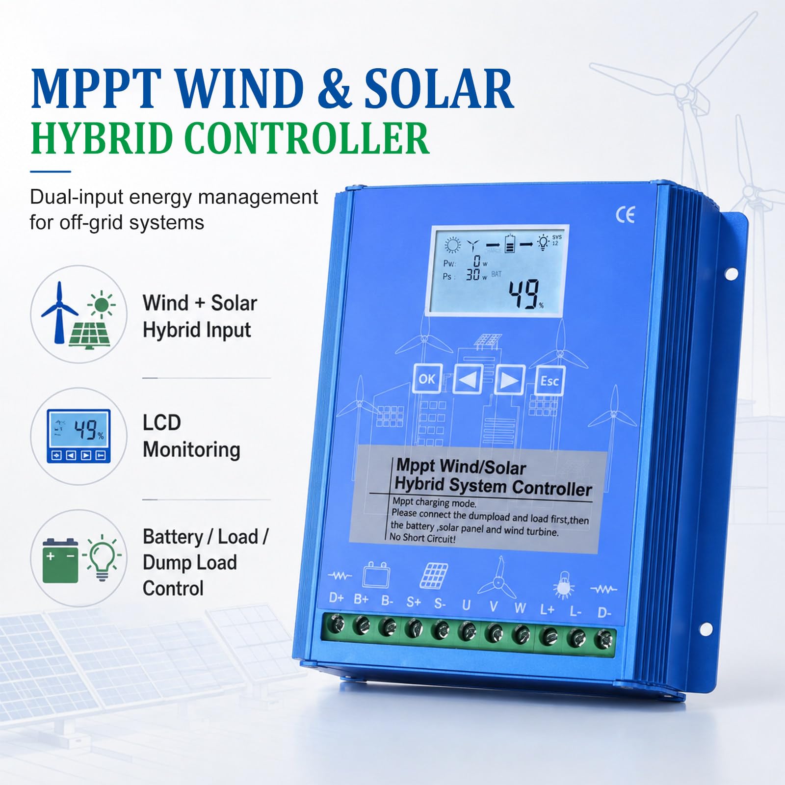 Controllore di Carica Eolico-Solare MPPT, Regolatore di Potenza 24V/48V | Carica Boost MPPT, Supporto 12V/24V/48V, Controllo di Scarico per Case fuori Rete, Fattorie e Siti Remoti