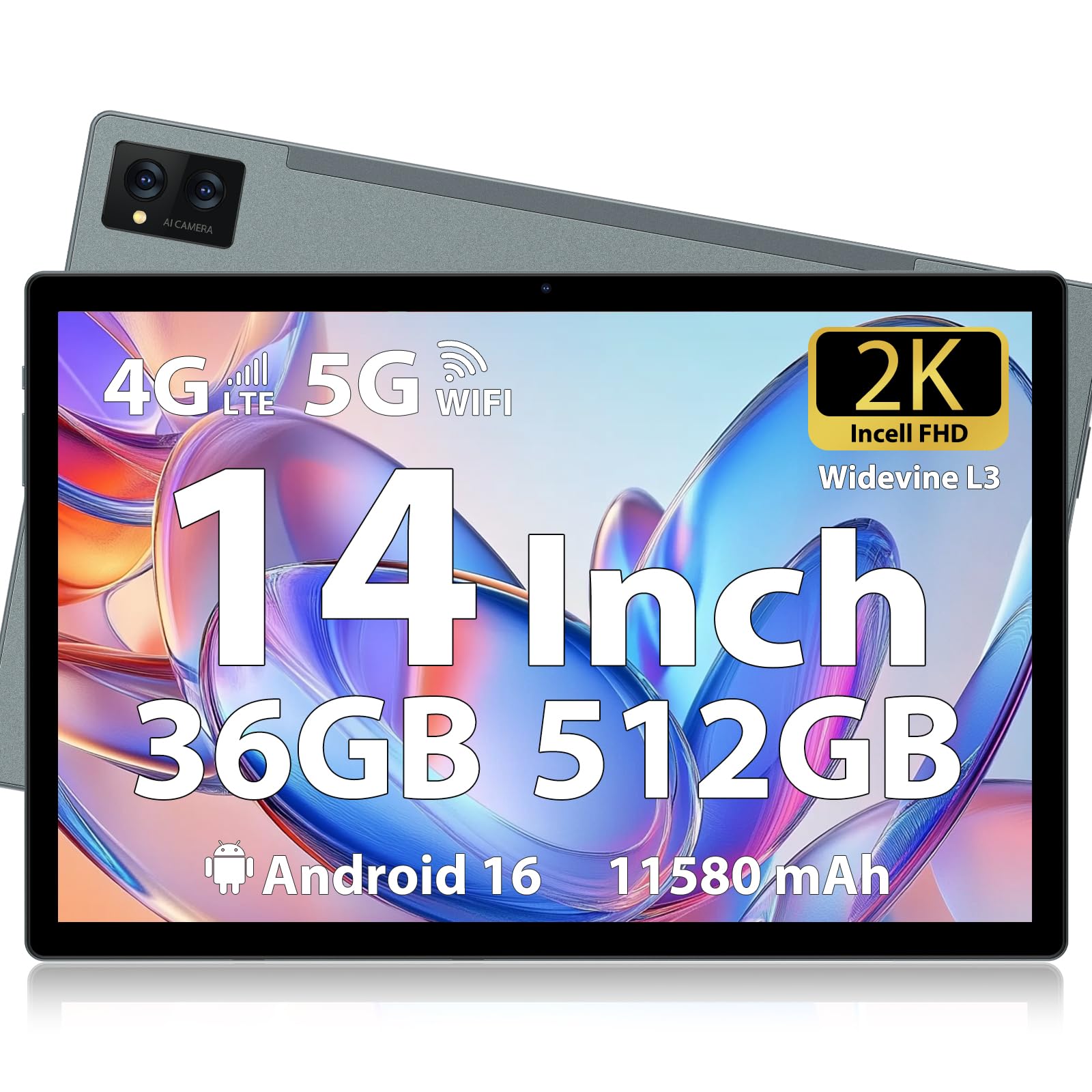 LEVIRTU Tablet 14 Pollici Android 15 Tableta, 36 GB RAM 512 GB ROM, Octa-Core 2.0GHz, Display FHD 1920x1200, Batteria 11580 mAh, 4G LTE 5G WiFi, 4 Altoparlanti, con Custodia e Penna Stylus-Grigio