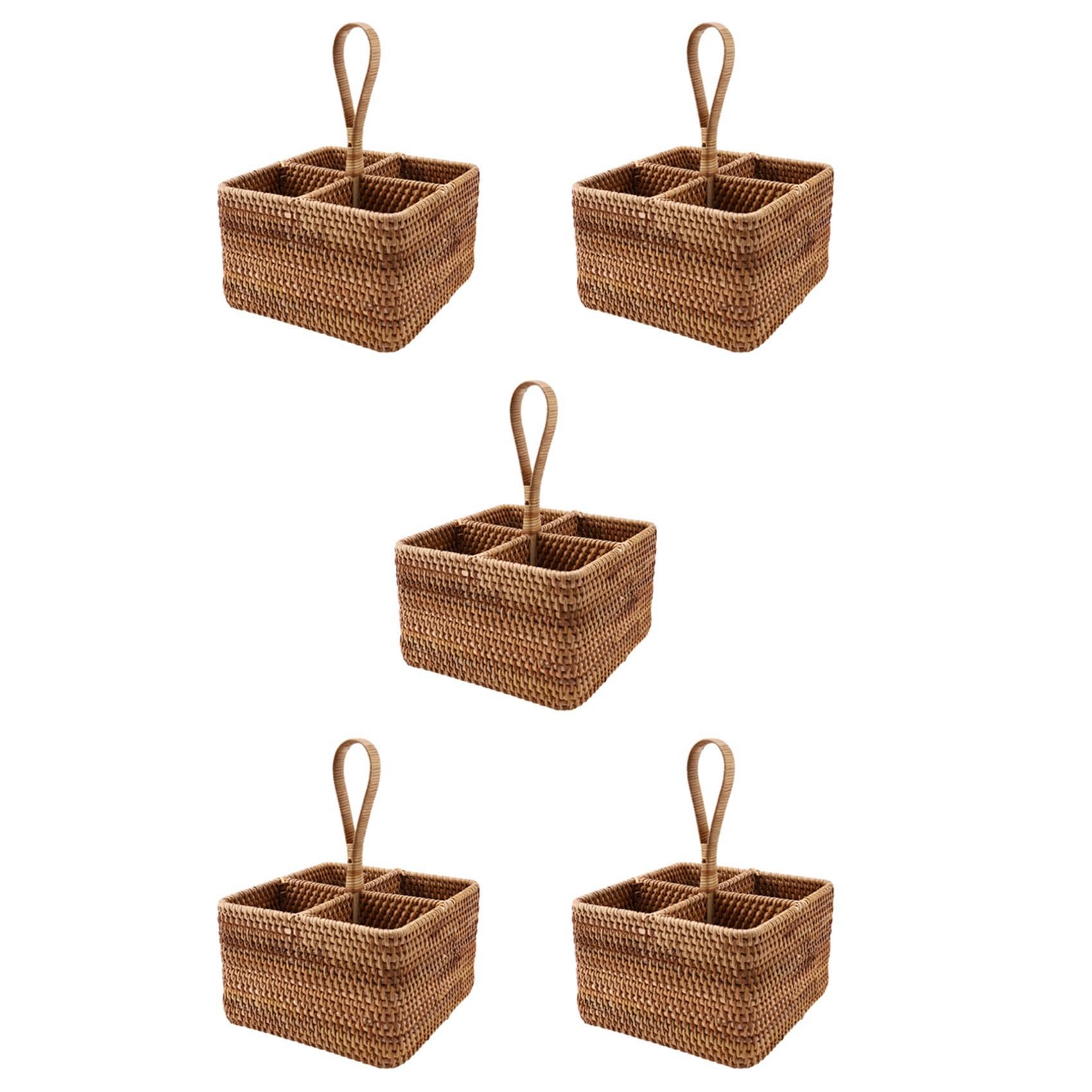Hndhbfgrt 5X Hand-Woven Wicker Straw Storage Basket Portable Four Compartment Classification Storage Fruit Basket Home Storage C