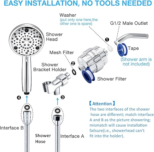 Miniatura 6 de Combo de cabezal de ducha filtrado, incluye cabezal de filtro de ducha de 20 etapas, cabezal de ducha de mano de alta presión, manguera, soporte de