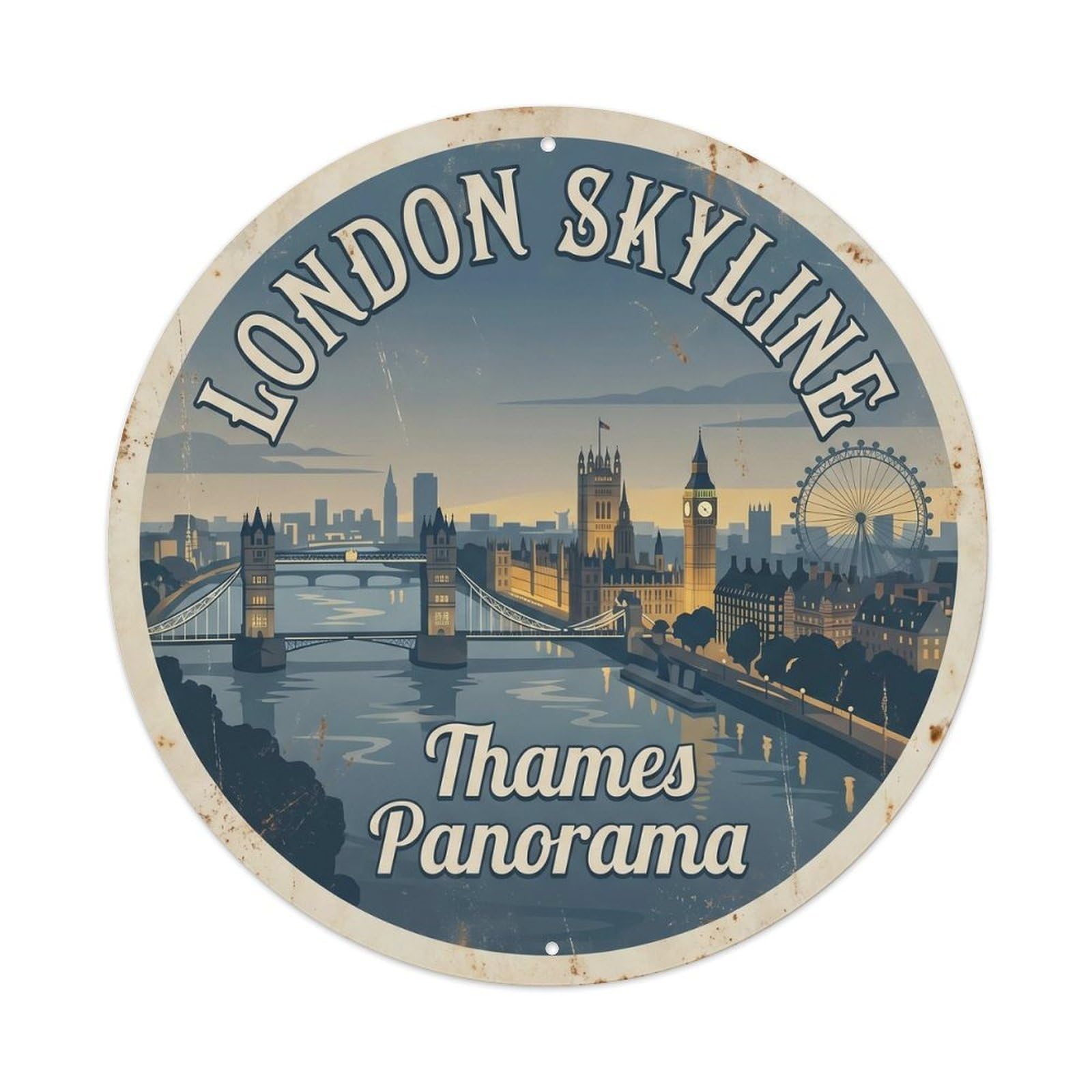 Vintage Travel London Skyline Thames Metal Tin Sign Plaque Wall Decor for Cafe, Club, Garden Round Metal Poster 8x8Inch