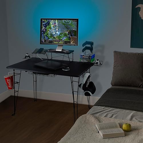 DHAEY Escritorio para juegos con estación de carga, escritorio de computadora con gancho para auriculares o auriculares y portavasos, escritorio de