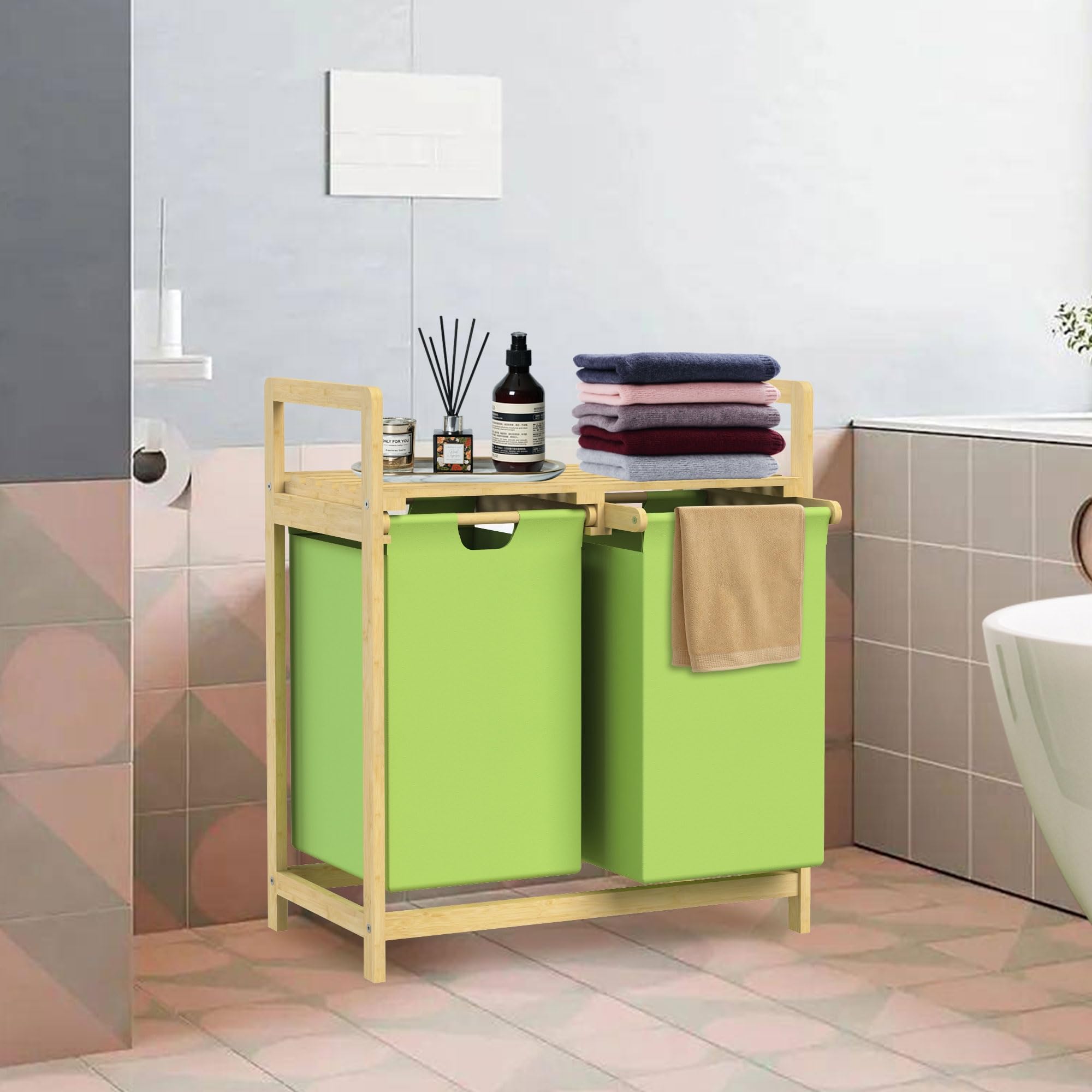 Qtopun Cesto portabiancheria pieghevole in rete, portatile, per vestiti sporchi, pieghevole per camera da letto, asilo nido, dormitorio universitario e viaggi (verde