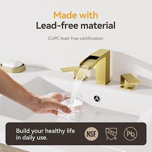 Miniatura 7 de Pheistina - Grifo de fregadero de baño de 8 pulgadas de níquel cepillado, 3 agujeros, 2 asas, con montaje de drenaje desplegable de metal y líneas