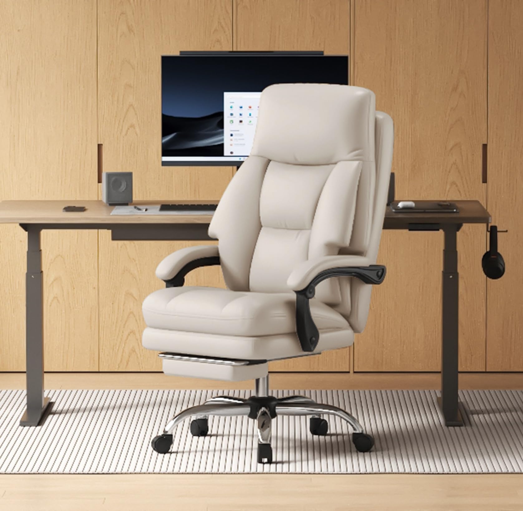 Home Office Desk Chair, 90°-160° Reclining, High Back Executive OfficeChair 400LBS with Footrest, Ergonomic Scratch-Resistant Faux Leather Computer Gaming Chair with Lumbar Support, White