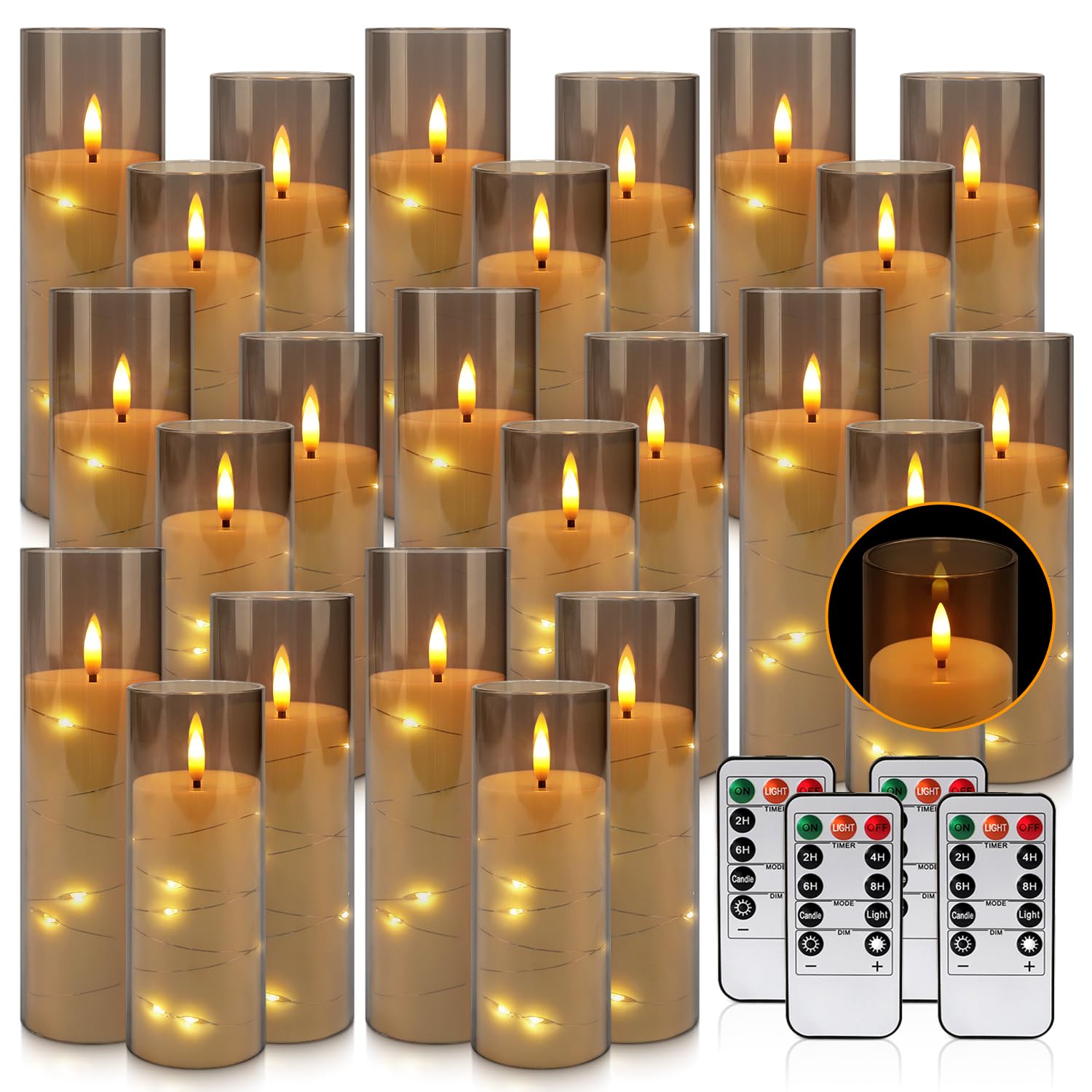 24-Pack Gray Flameless Candles with Remote Control, Battery-Powered LED Candles with Embedded Star String Lights & Realistic Flickering Flame. with