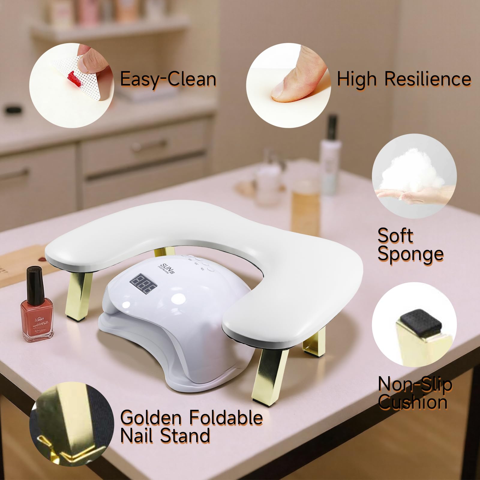 U-Förmig Handablage Nagelstudio: Goldener Klappbarer Ständer Wrist Rest - Handauflage Nagelstudio - Weicher und Elastischer Schwamm Handgelenkauflage für Handauflage Nagelstudio