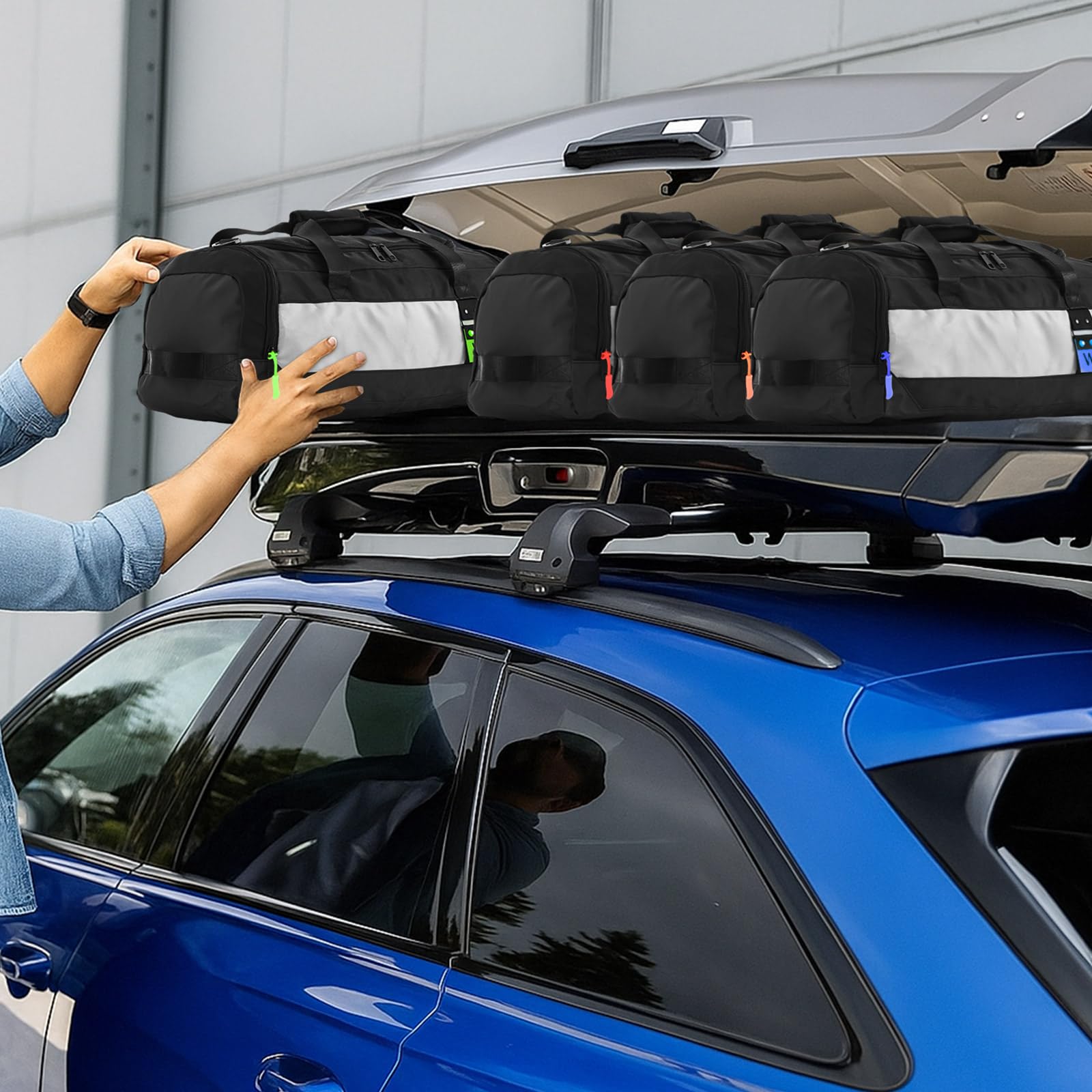 Weewooday Lot de 4 Sacs pour Coffre de Toit 60 cm 54L Duffel avec 4 Fermetures Éclair de Marquage d'Identification Sac de Voyage Noir avec Compartiment à Chaussures pour Coffre Toit de Voiture(Mode)