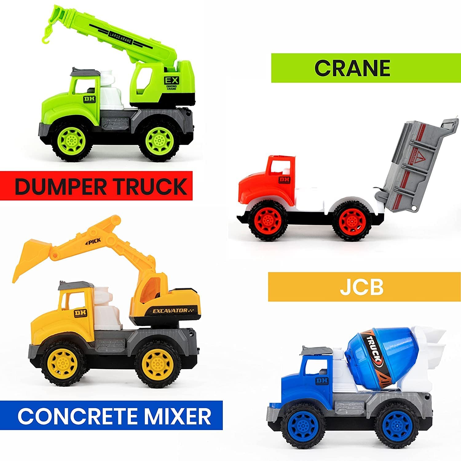 PLUSPOINT Construction Vehicle Trucks Friction Powered City Builder Series of Mixer, Excavator, Crane, Dumper Set of 4 Pretend Play Vehicles for Kids (4pc City Builder)- Multi Color