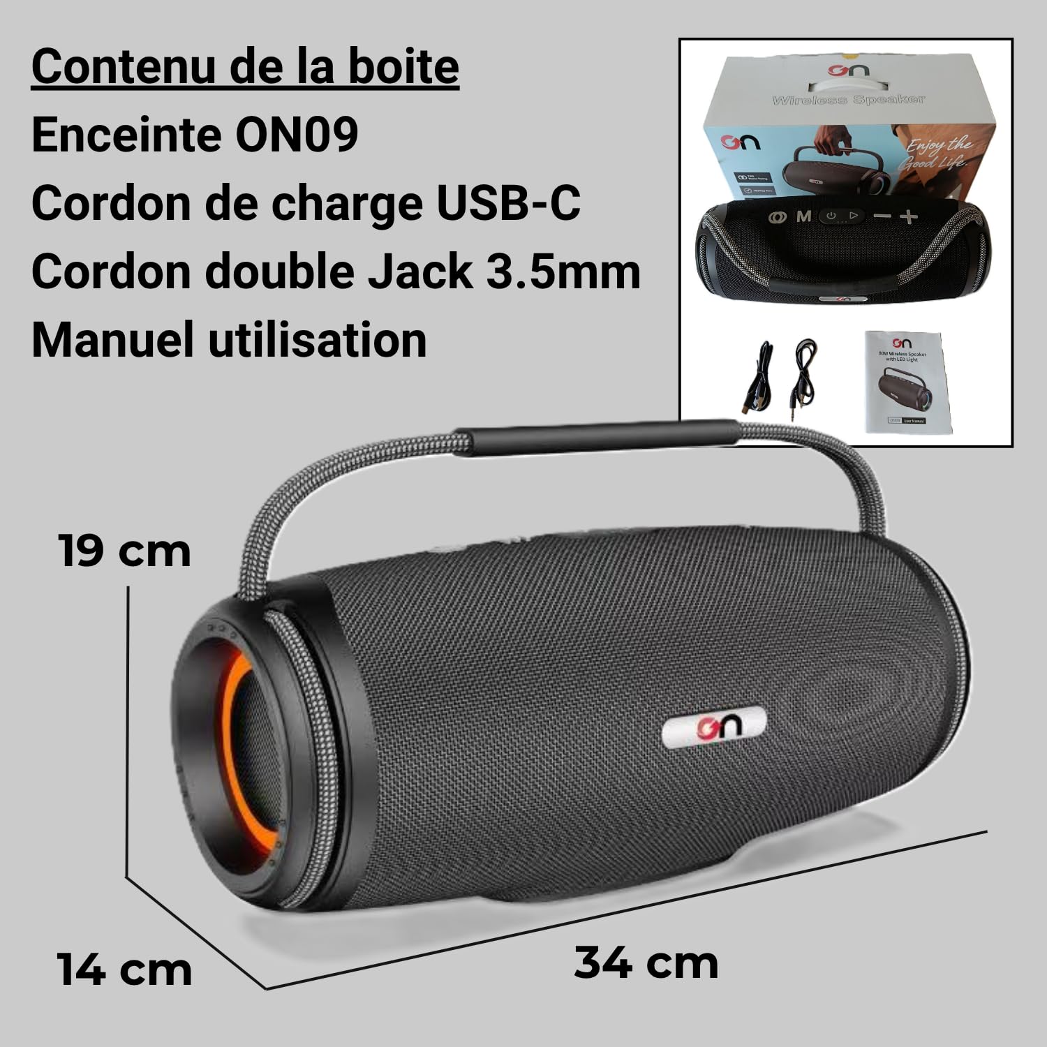 on ON09 – Enceinte Bluetooth Portable Puissante – Basses Profondes – Enceinte Nomade Intérieur Extérieur – USB, Carte SD, AUX – Power Bank – TWS – Lumières RGB – IPX5 – Poignée Cordage Marin