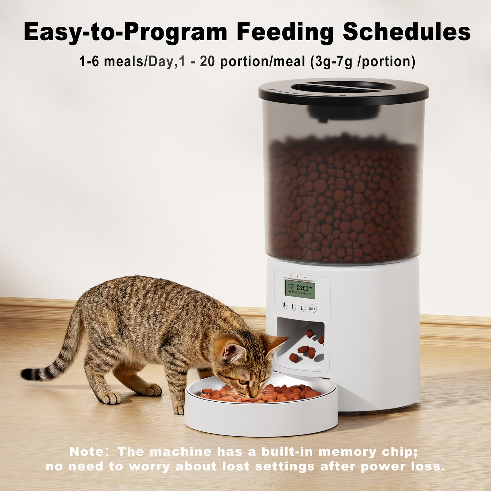 4.2L Automatic Cat Feeder,6 Meals/Day,Dual Power,Dry Pet Food Autofeeder Portion Control,Timer Setting,10S Voice Record (Transparent White, Stainless Steel Bowl) - image 8