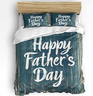 3 Pieces Bedding Set Twin Size, Happy Father's Day Soft Duvet Covers Set with Zipper Closure, All-Season Breathable Comforter Cover and Pillowcases, Teal Beige Shabby Wooden Grain