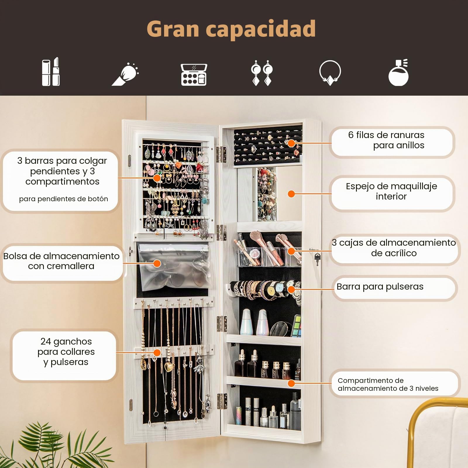 COSTWAY Armario Colgante para Joyas con Espejo, Cerradura y Luz LED Tres Colores, Blanco